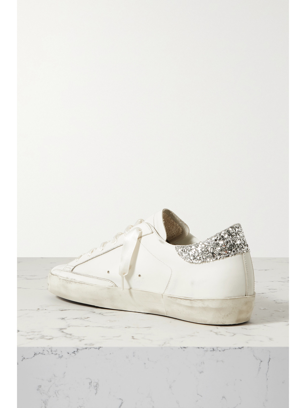 golden goose super star embellished distressed glittered leather sneakers