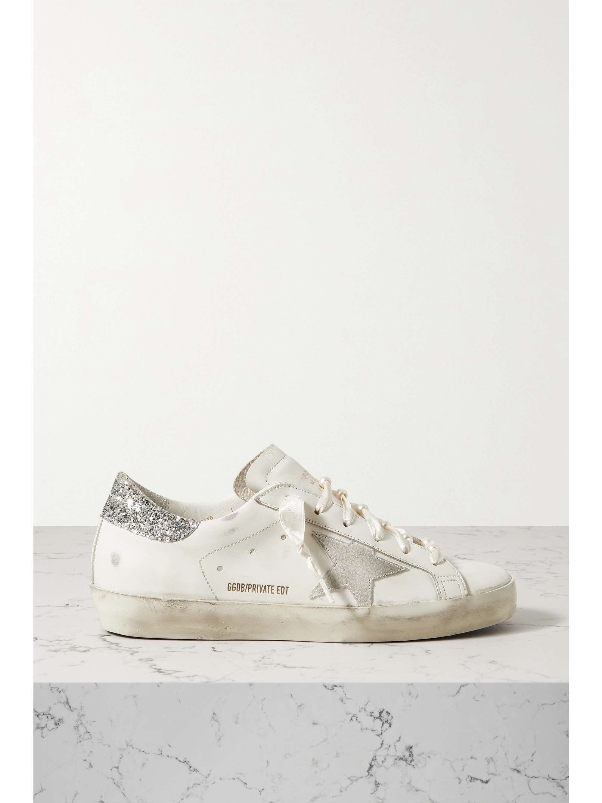 Super-Star embellished distressed glittered leather sneakers