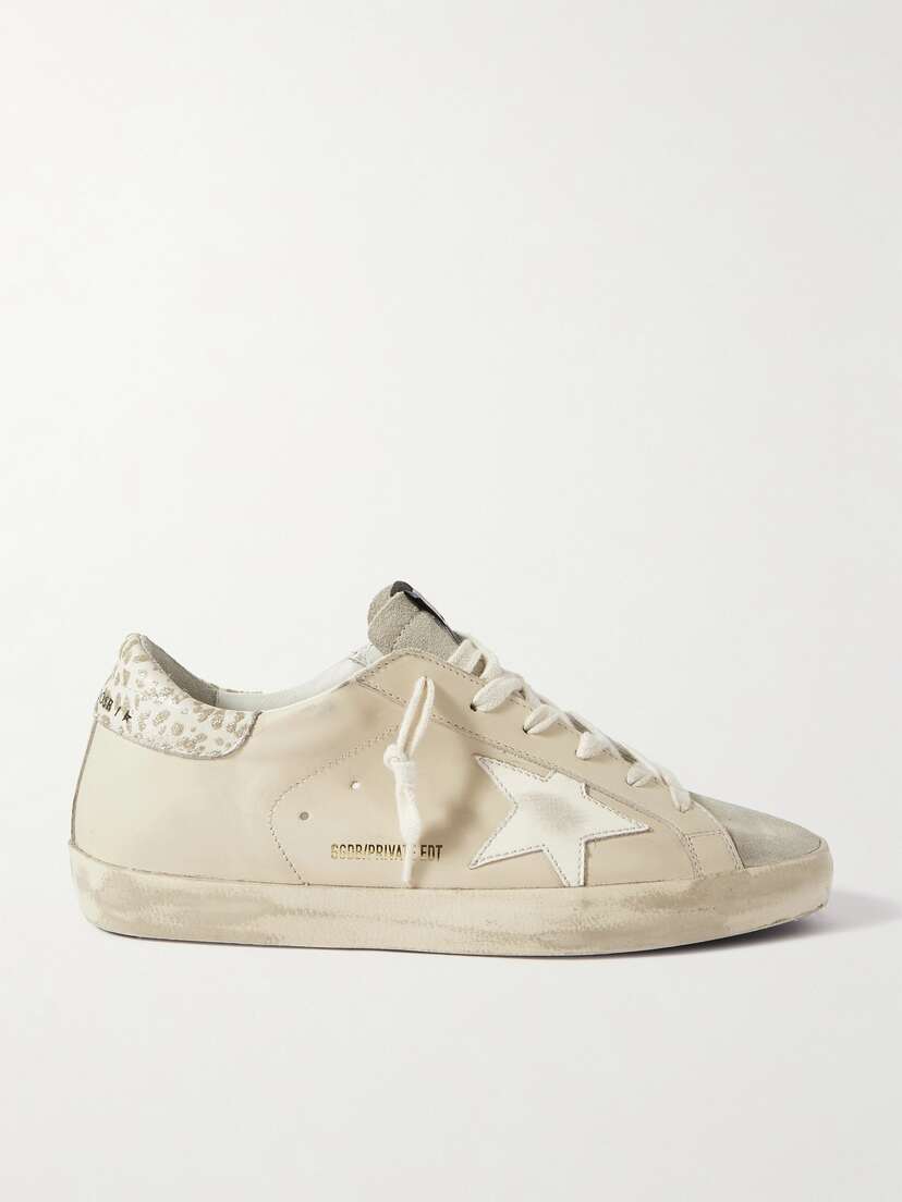 Golden Goose Super-star Metallic Leopard-print Distressed Leather And Suede Sneakers