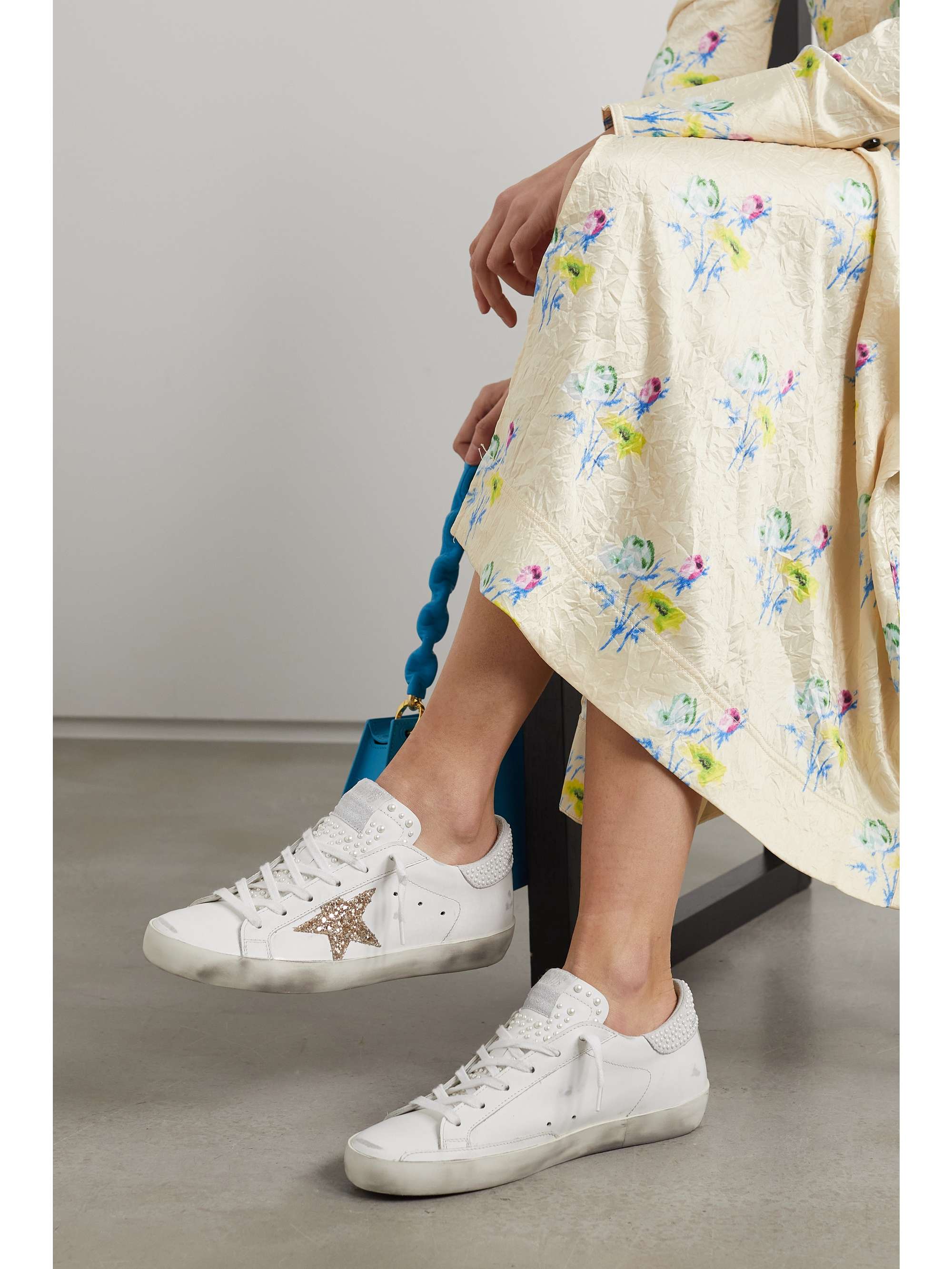 GOLDEN GOOSE Super-Star embellished distressed glittered leather sneakers |  NET-A-PORTER