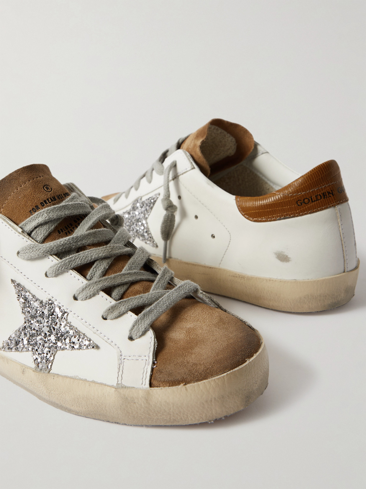 Shop Golden Goose Superstar Glittered Distressed Leather And Suede Sneakers In White