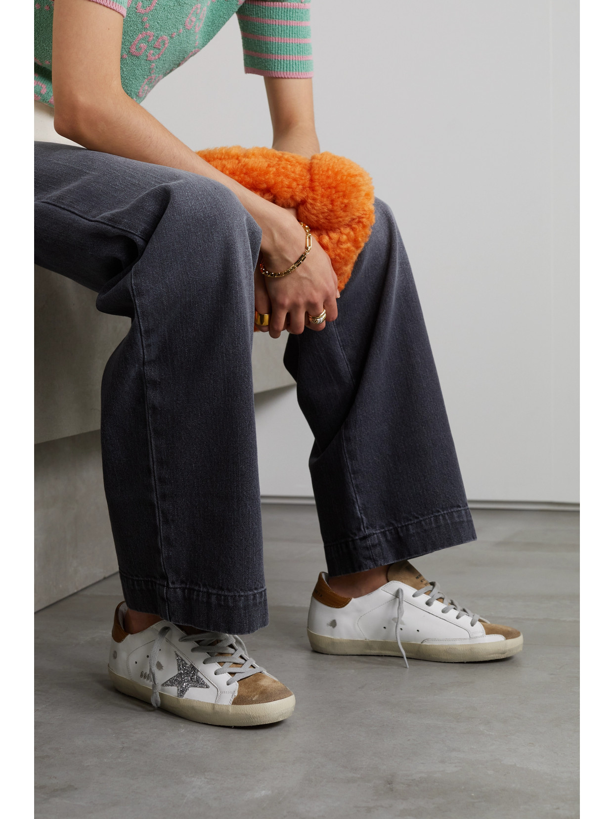 Golden Goose Superstar Glittered Distressed Leather And Suede Sneakers In White