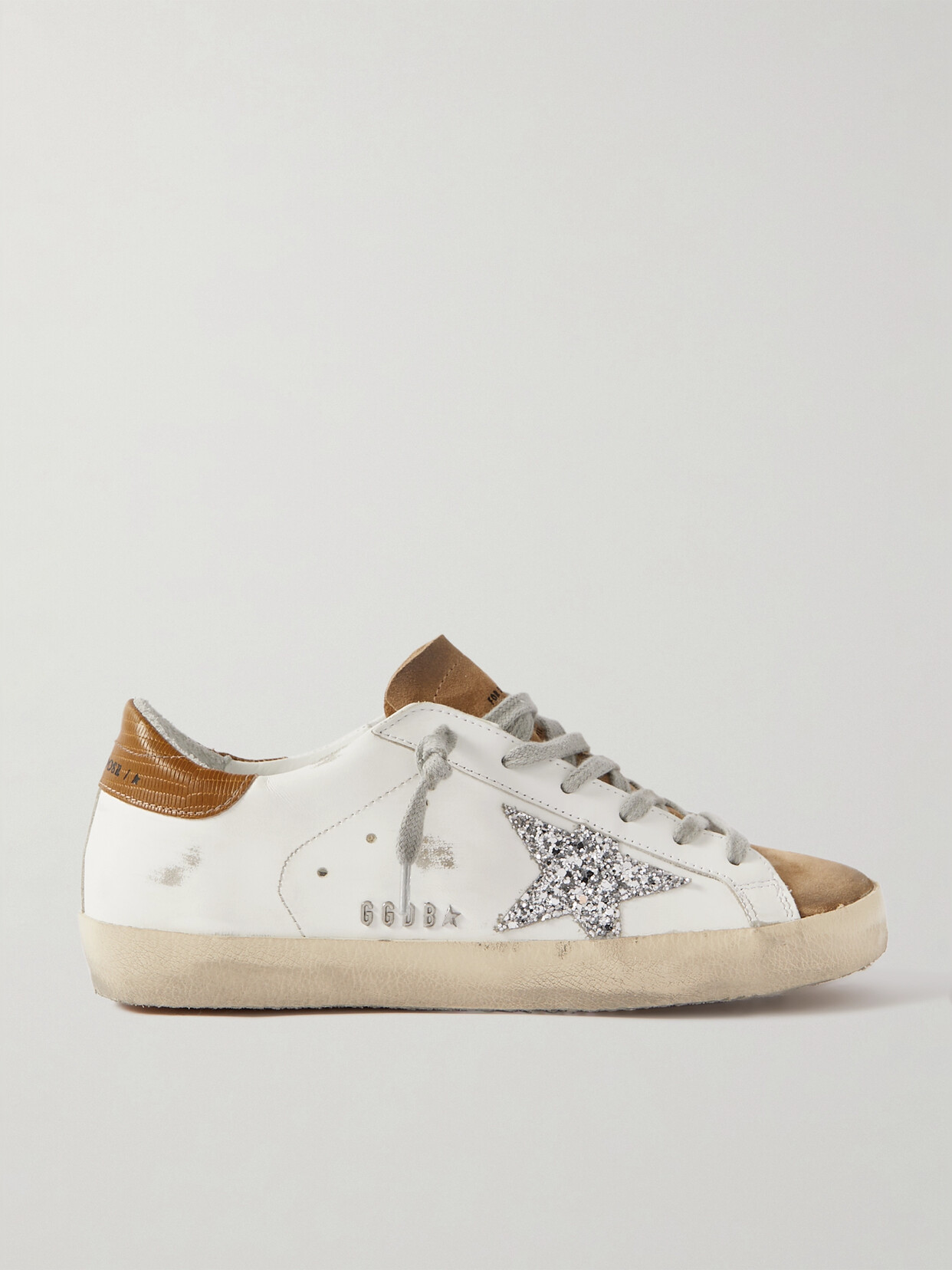 Golden Goose Superstar Glittered Distressed Leather And Suede Sneakers In White Tobacco Silver