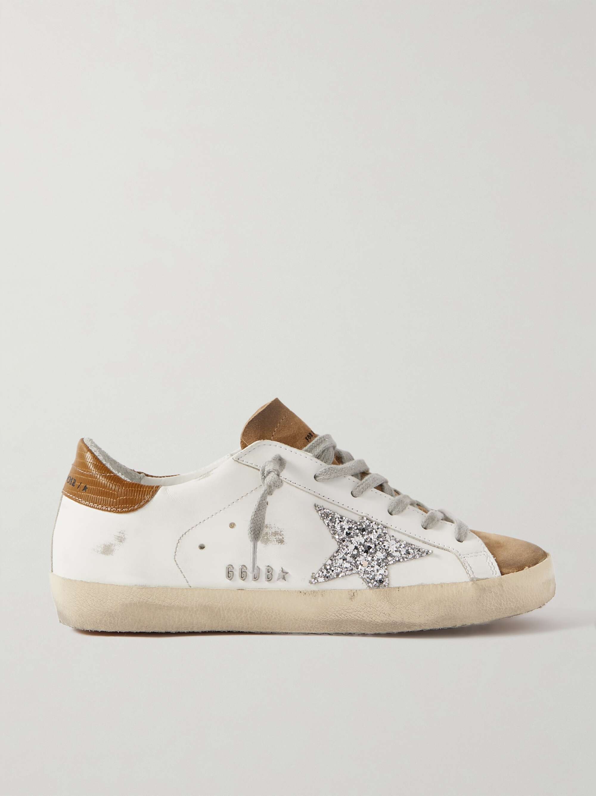 GOLDEN GOOSE Superstar glittered distressed leather and suede sneakers ...