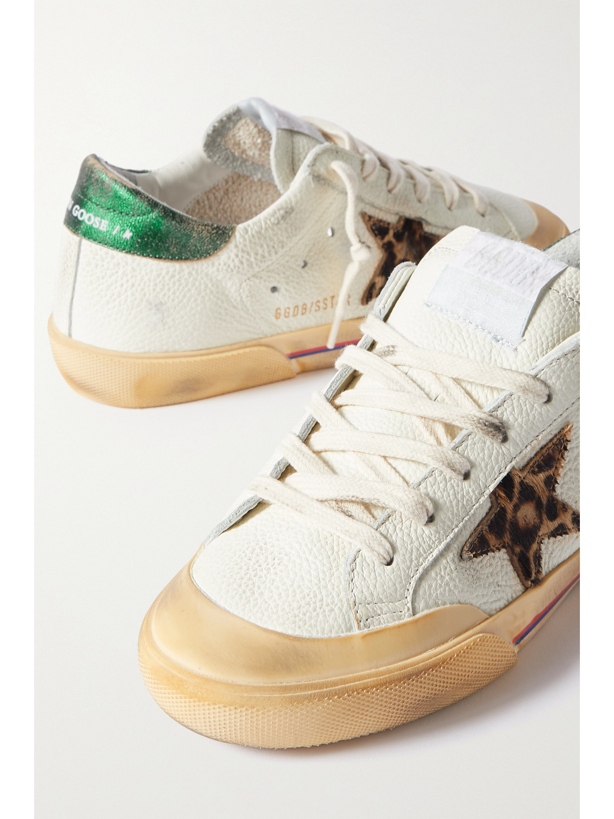 Golden Goose Superstar Penstar Distressed Leather, Leopard-print-trimmed Rubber Sneakers In White
