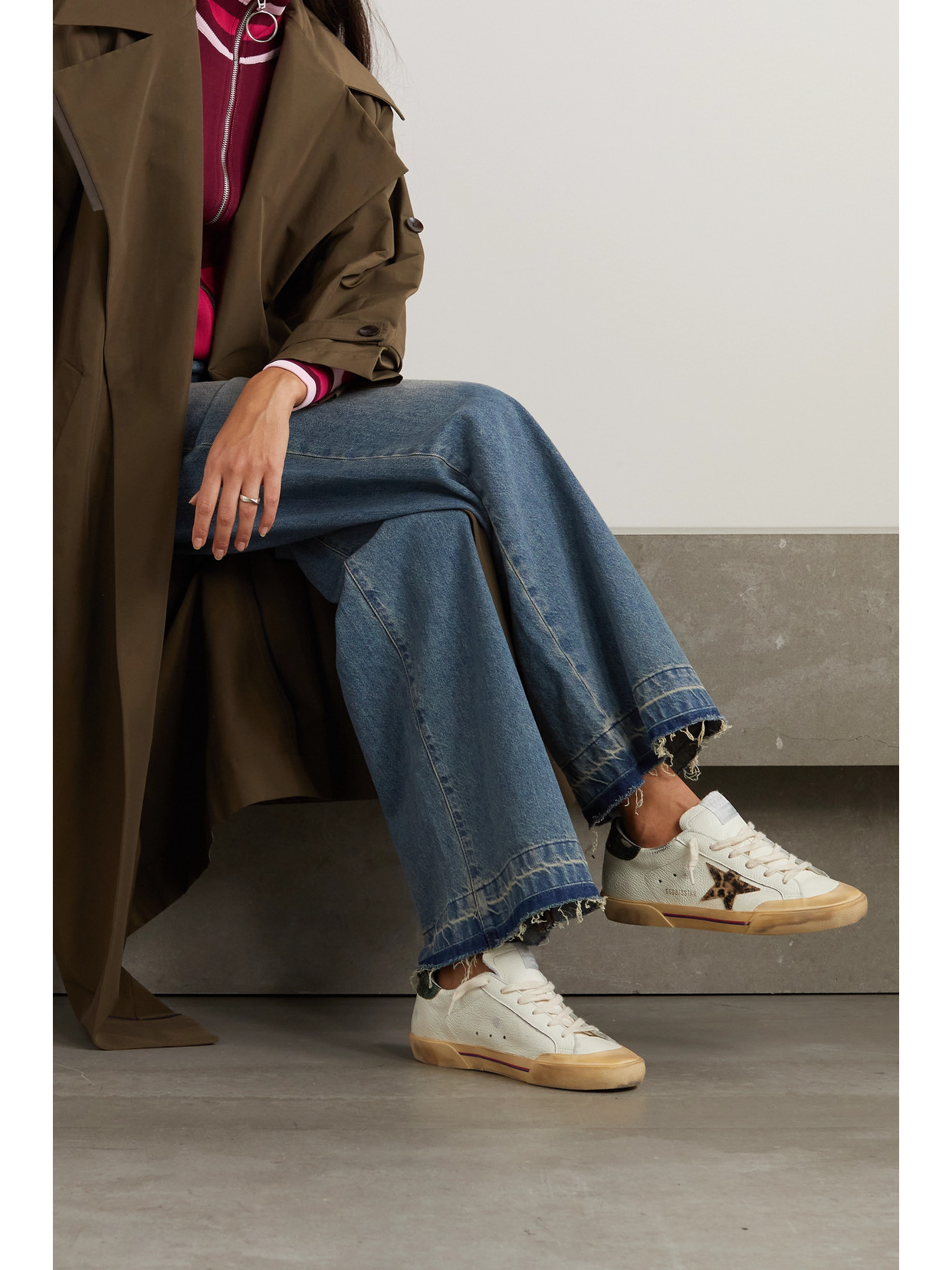 Golden Goose Superstar Penstar Distressed Leather, Leopard-print-trimmed Rubber Sneakers In White