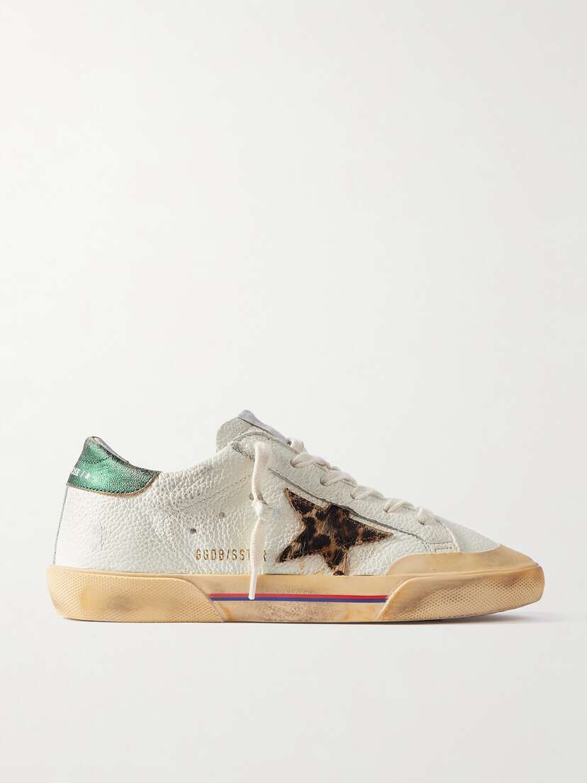 Golden Goose Superstar Penstar Distressed Leather, Leopard-print-trimmed Rubber Sneakers