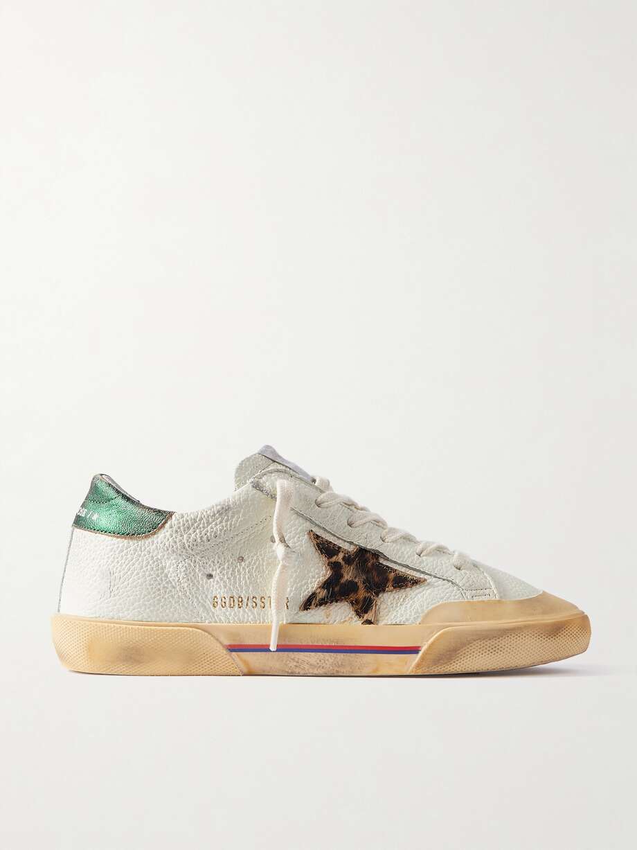 net-a-porter.com | Superstar Penstar distressed leather, leopard-print-trimmed rubber sneakers