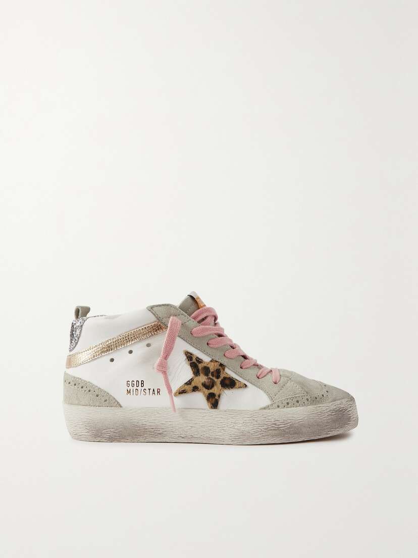 Golden Goose Mid Star Embellished Distressed Leopard-print Calf Hair, Leather And Suede Sneakers