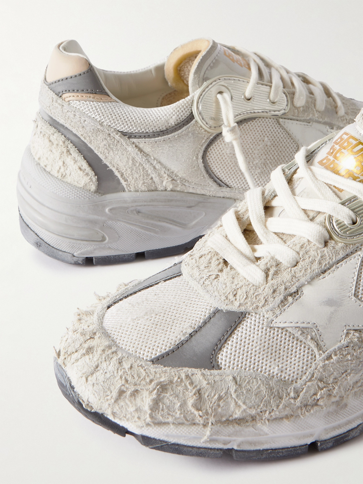 Golden Goose Dad-star Distressed Leather-trimmed Mesh And Suede Sneakers In White