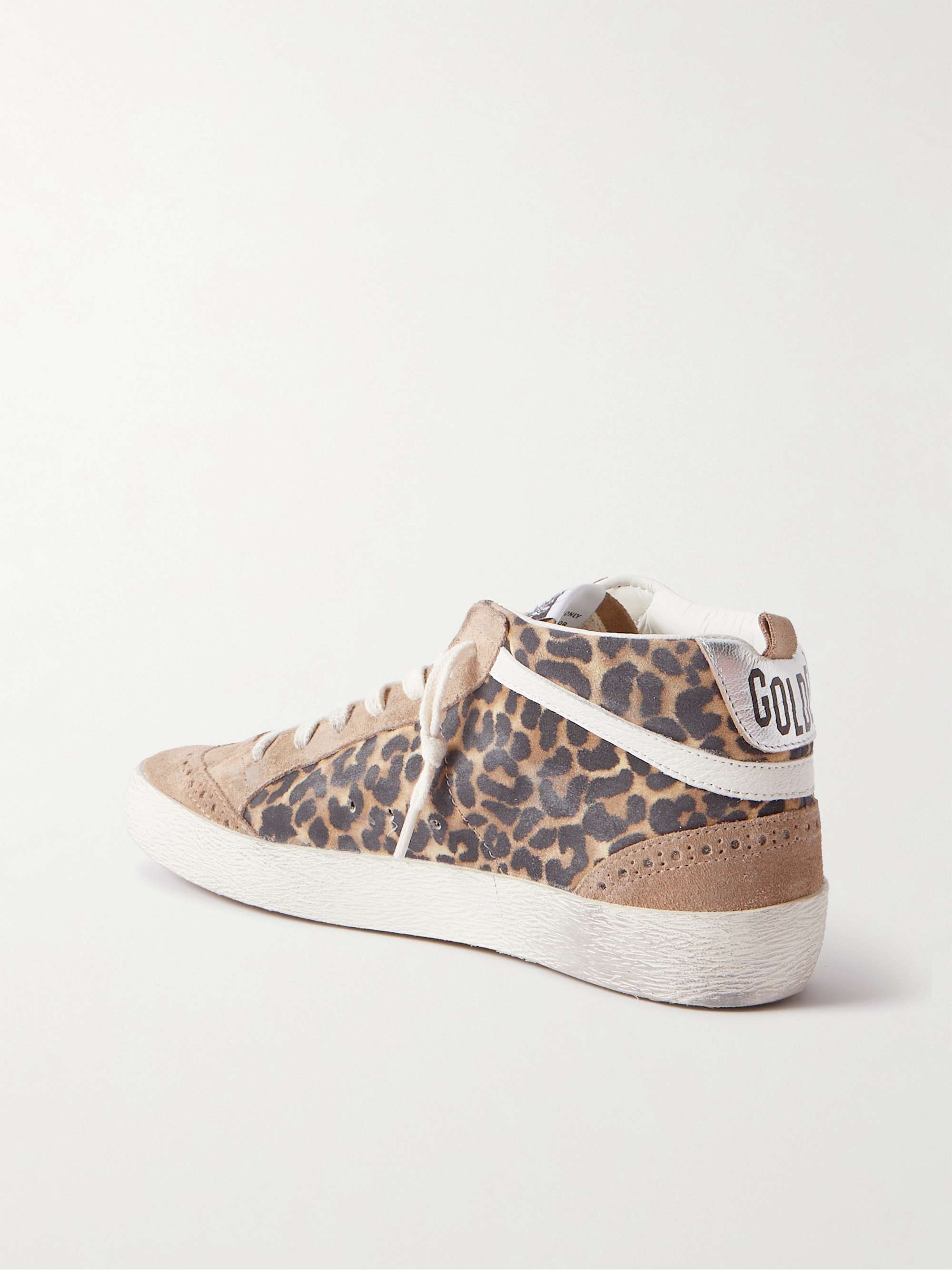 GOLDEN GOOSE Mid Star embellished distressed leopard-print calf hair, leather and suede sneakers