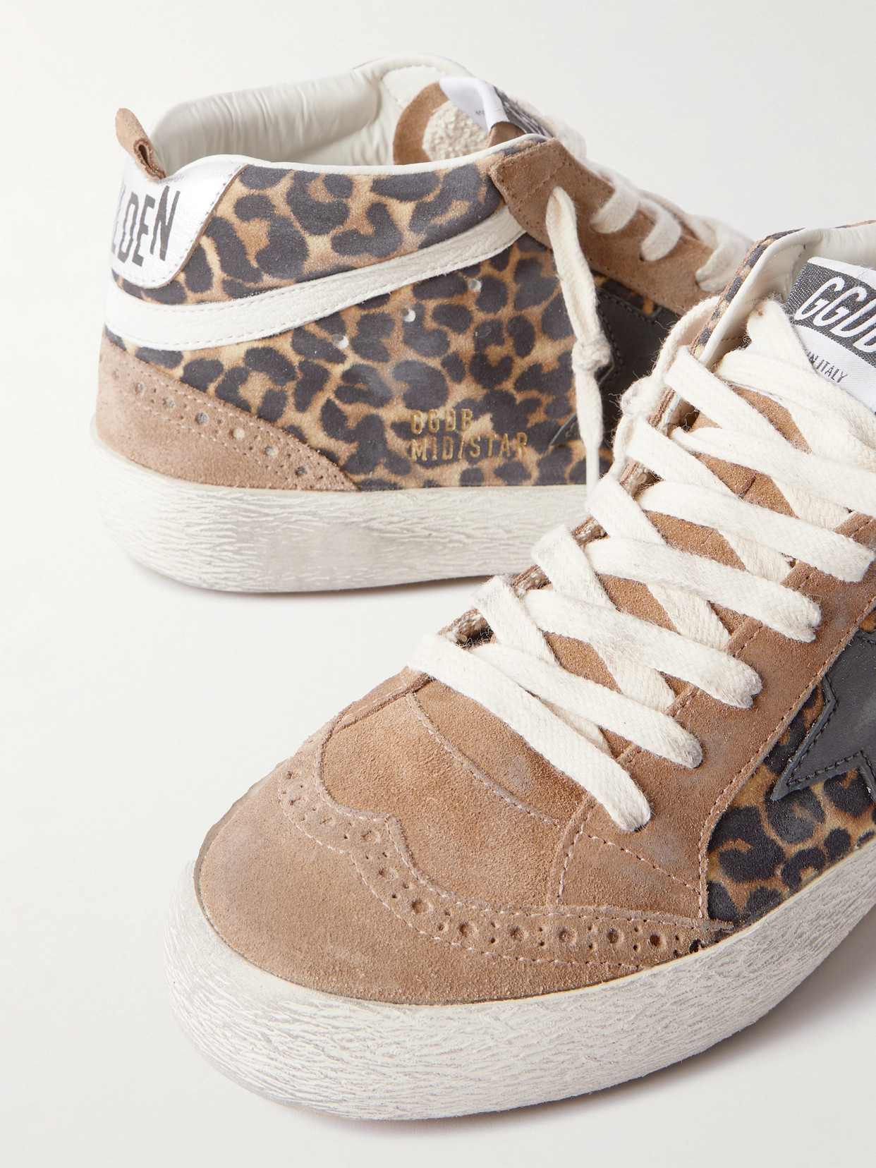 Shop Golden Goose Mid Star Distressed Leather-trimmed Leopard-print Suede Sneakers In Animal Print