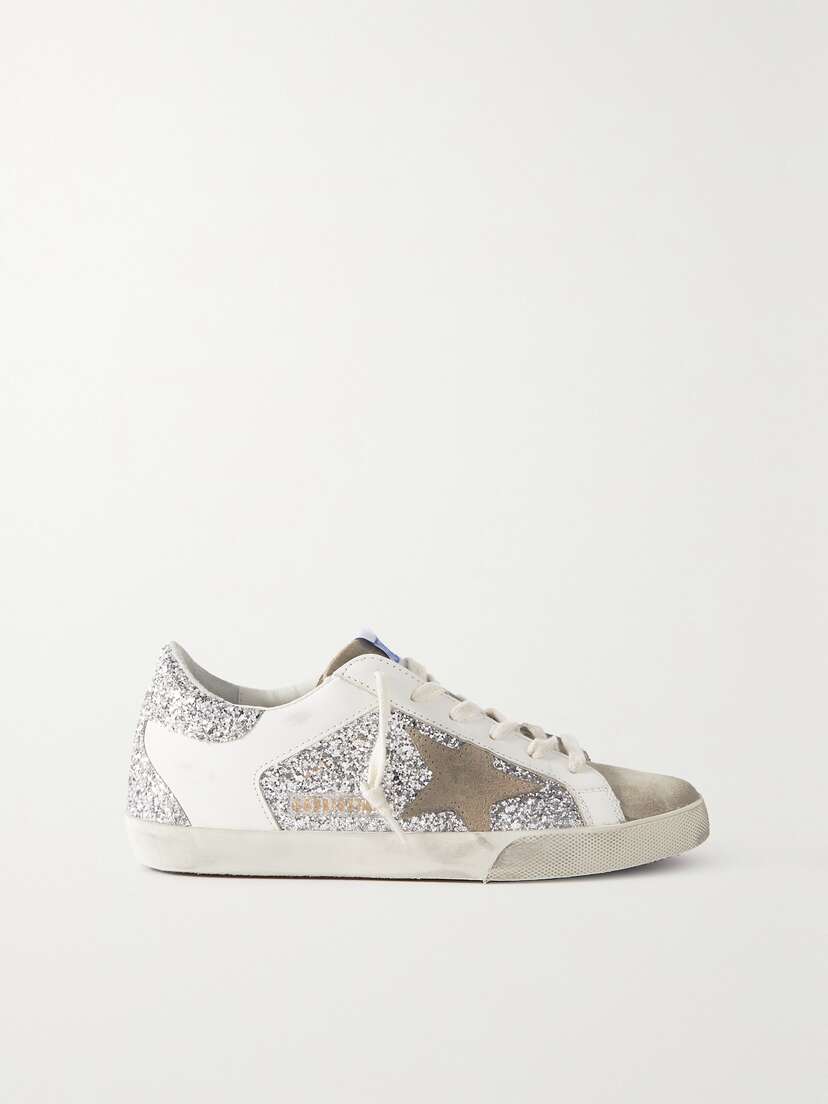 Golden Goose Superstar Distressed Glittered Leather And Suede Sneakers