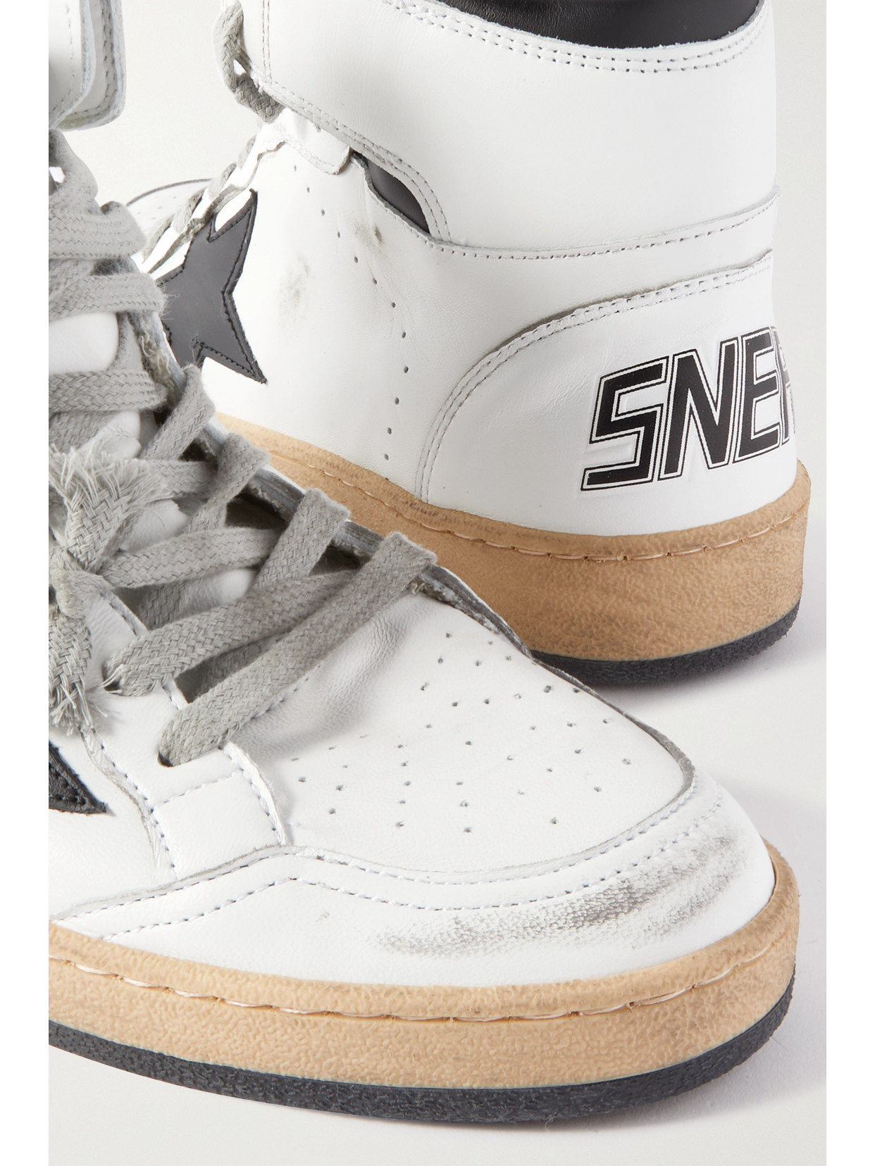 Golden Goose Sky-star Distressed Printed Leather High-top Sneakers In White
