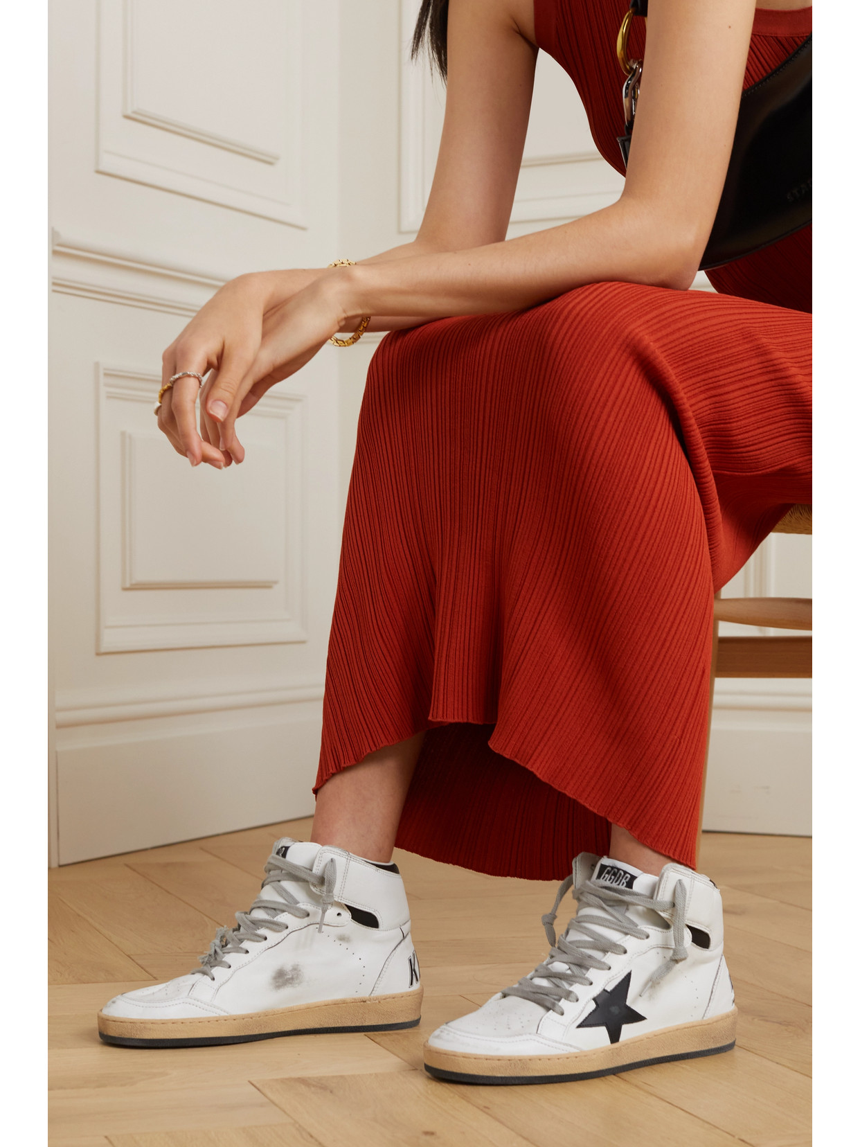 Golden Goose Sky-star Distressed Printed Leather High-top Sneakers In White