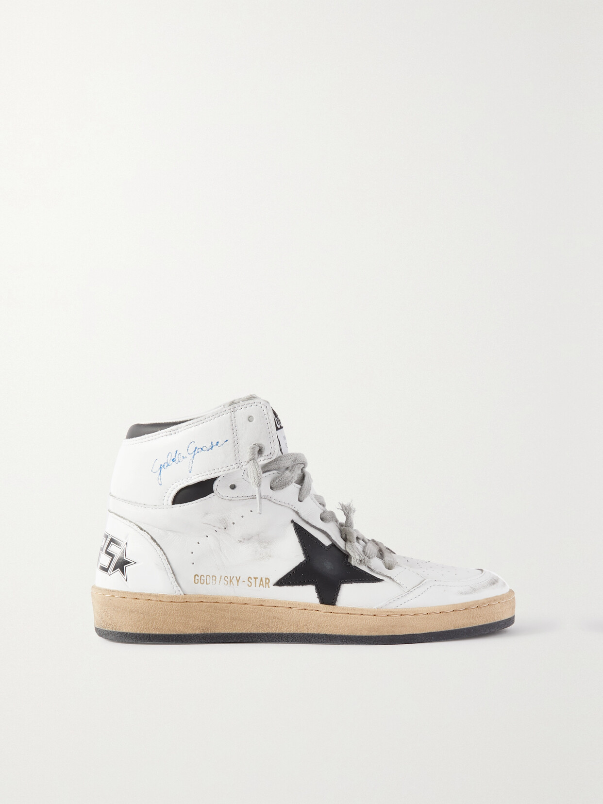 Golden Goose Sky-star Distressed Printed Leather High-top Sneakers In White