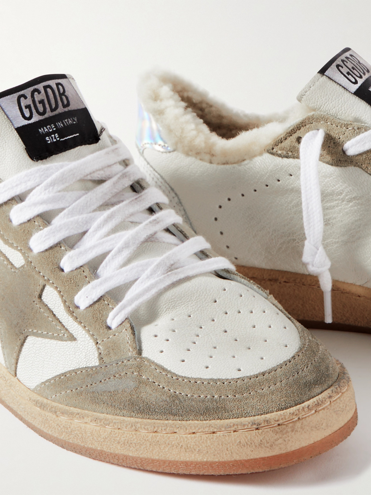 Shop Golden Goose Ball Star Shearling-lined Distressed Suede-trimmed Leather Sneakers In White