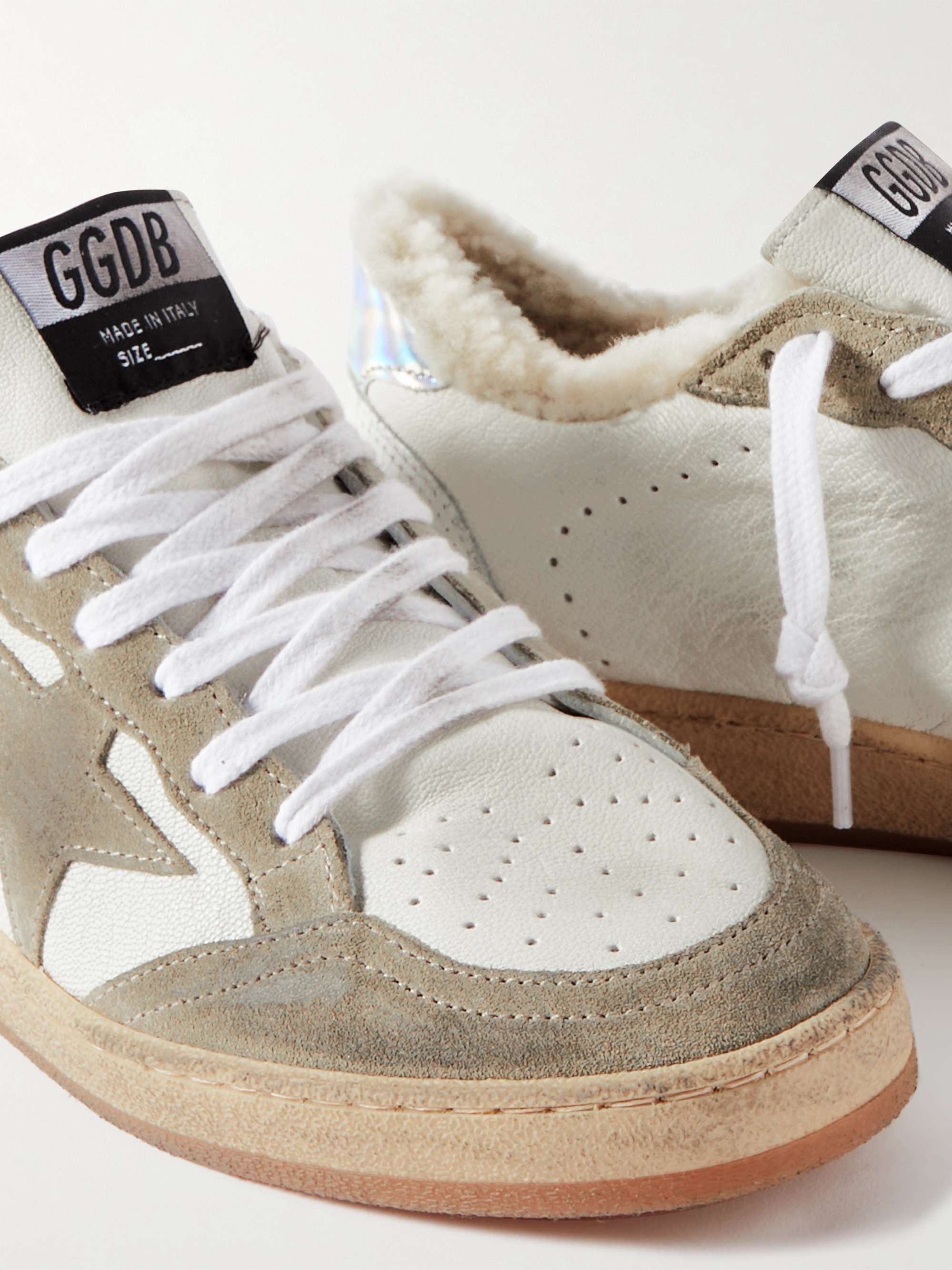 GOLDEN GOOSE Ball Star shearling-lined distressed suede-trimmed leather  sneakers | NET-A-PORTER