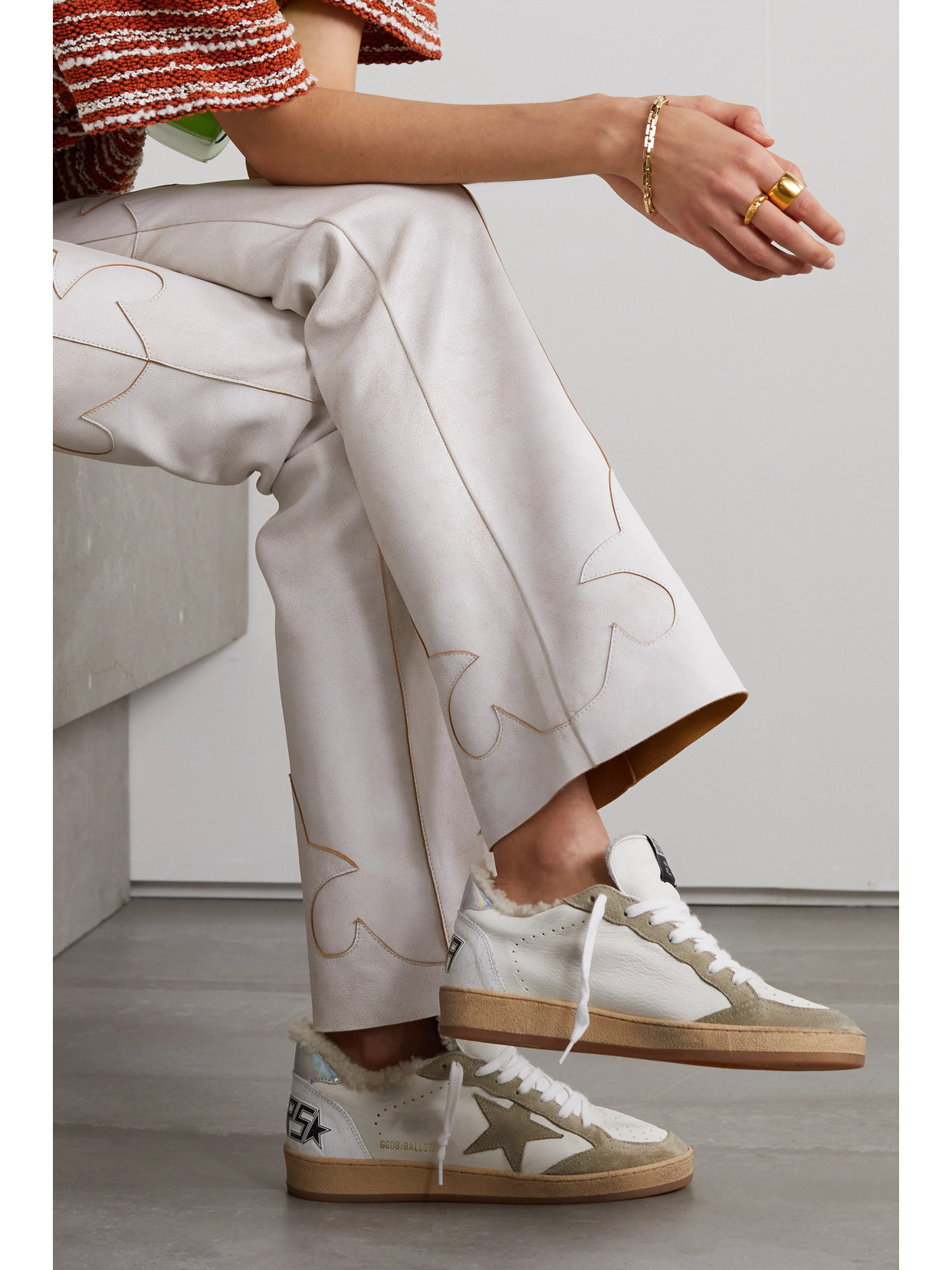 Shop Golden Goose Ball Star Shearling-lined Distressed Suede-trimmed Leather Sneakers In White