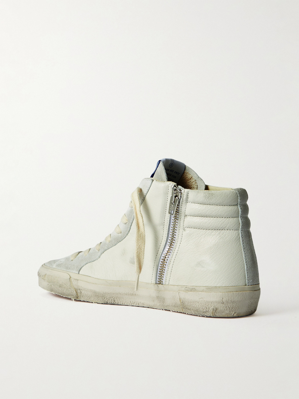 Shop Golden Goose Slide Embellished Distressed Glittered Leather And Suede High-top Sneakers In White