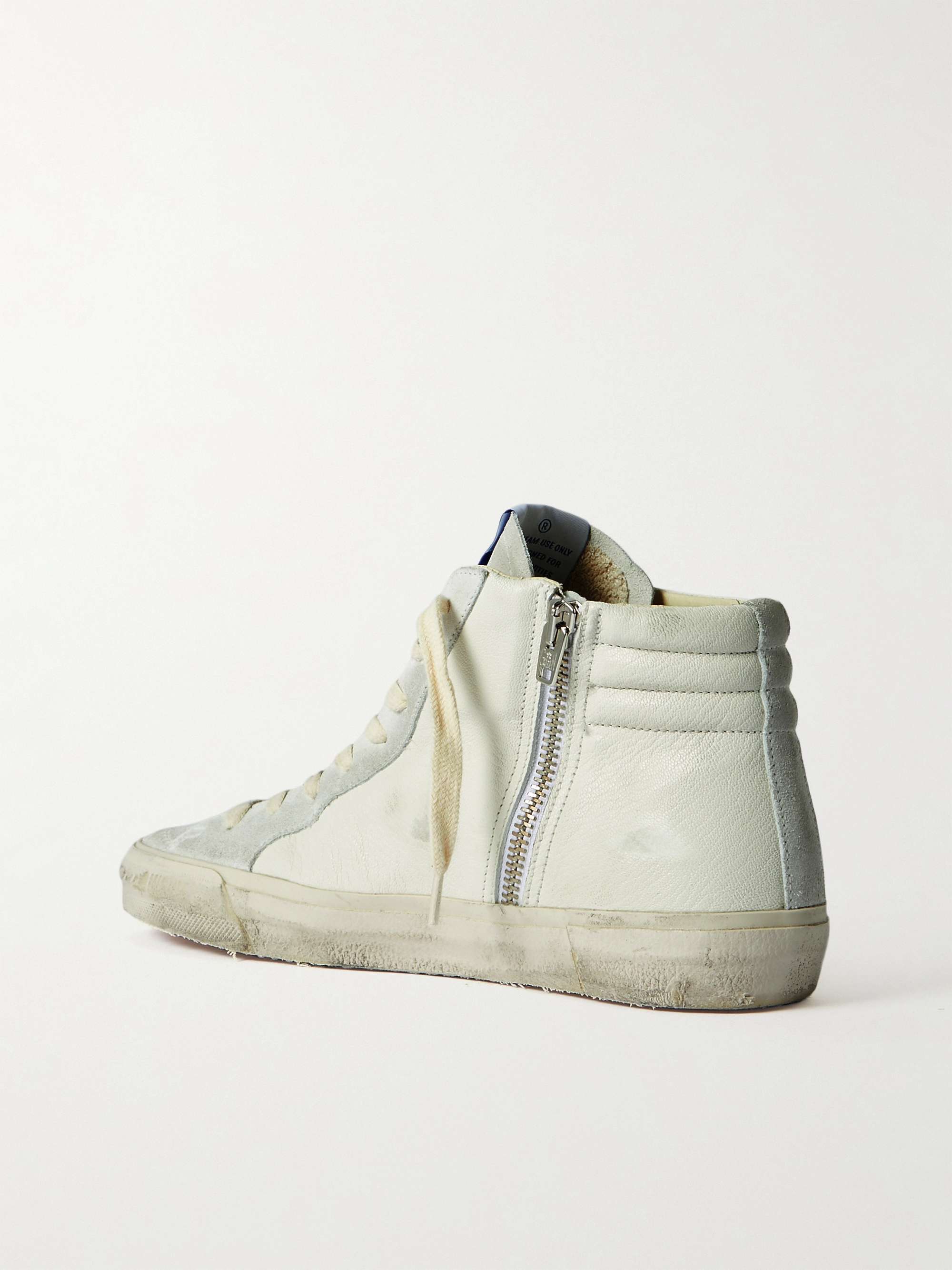 GOLDEN GOOSE Slide distressed suede-trimmed leather and Lurex high-top sneakers