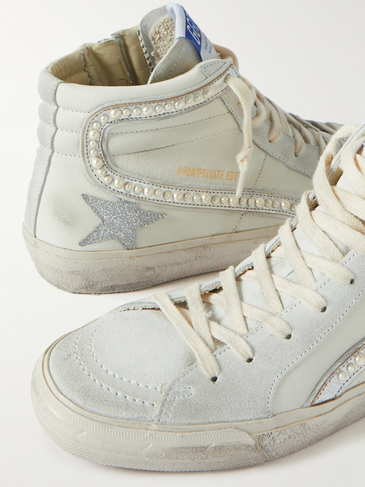 Shop Golden Goose Slide Embellished Distressed Glittered Leather And Suede High-top Sneakers In White