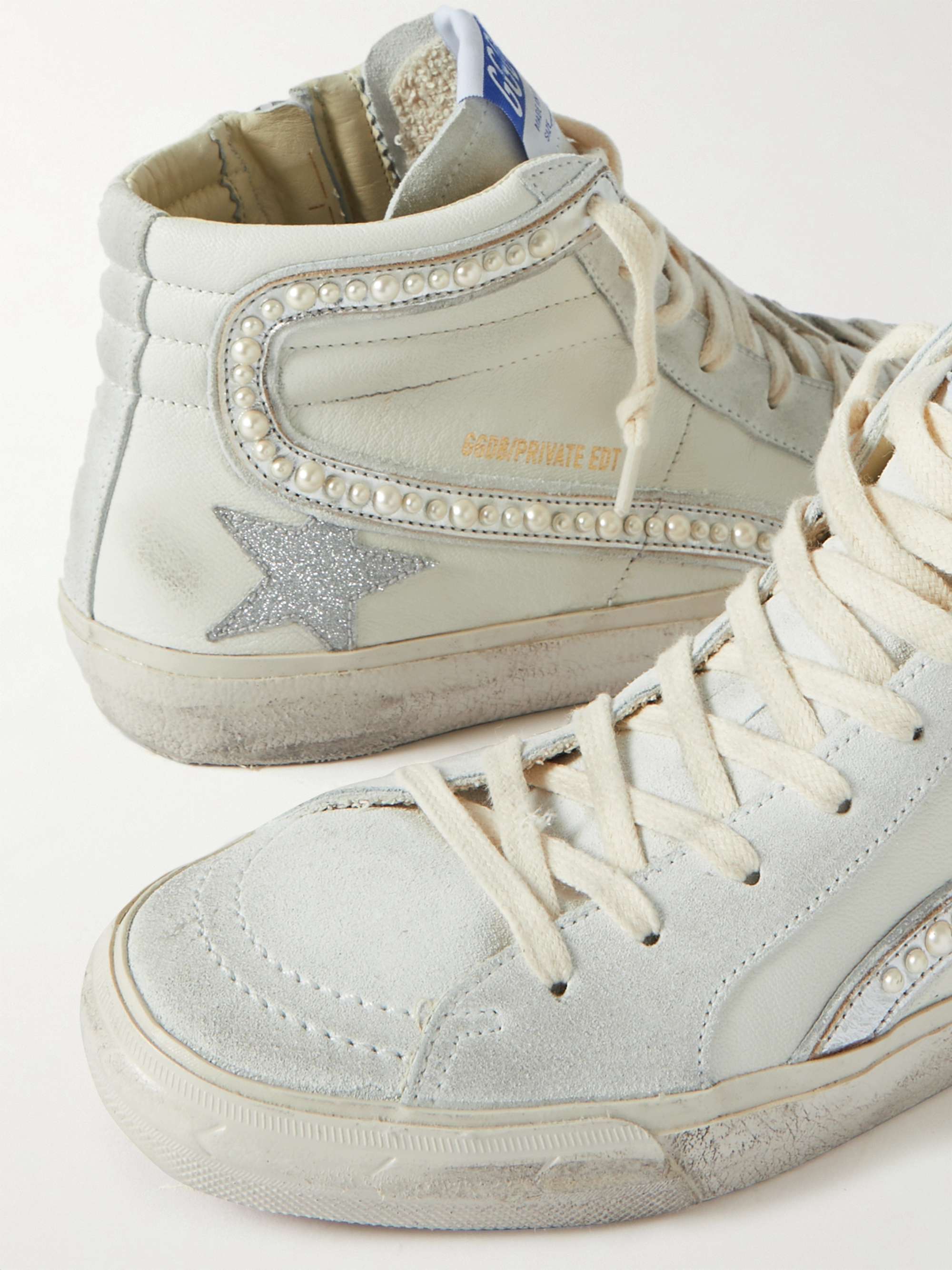 GOLDEN GOOSE Slide embellished distressed glittered leather and suede  high-top sneakers | NET-A-PORTER