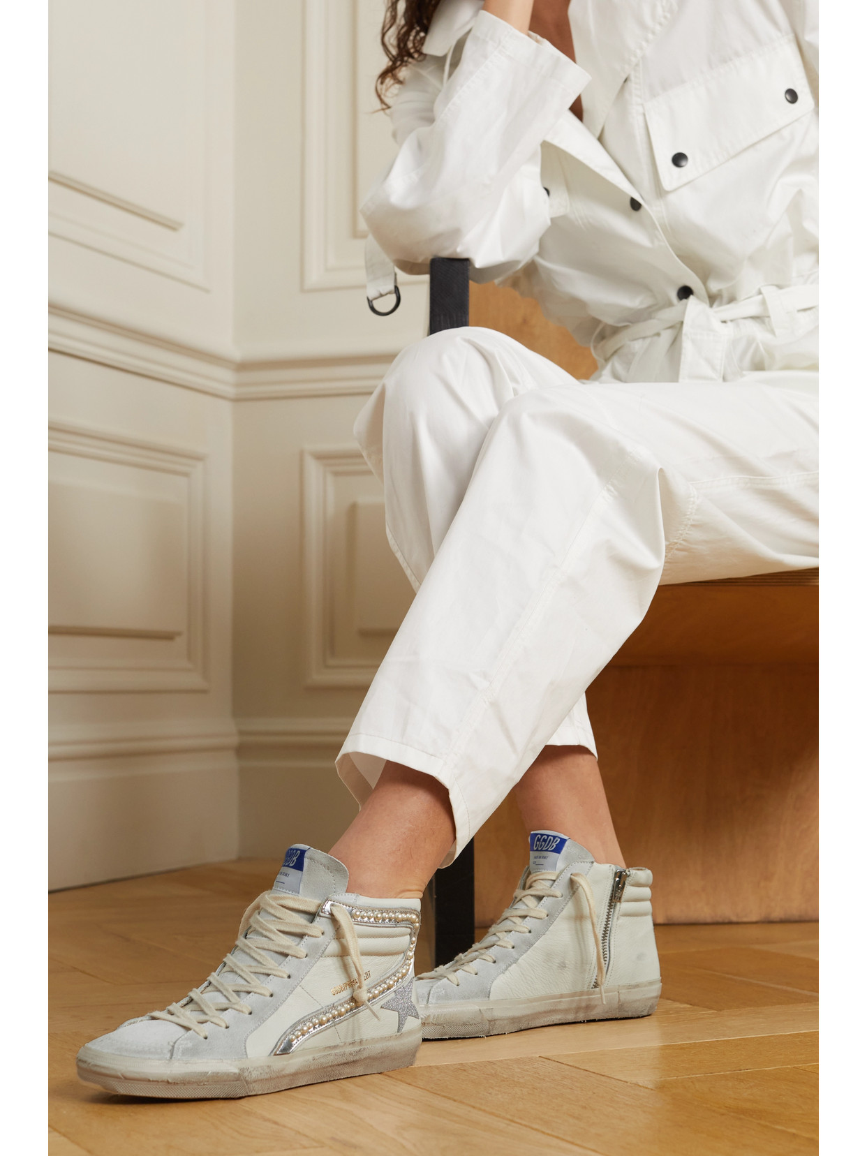 Shop Golden Goose Slide Embellished Distressed Glittered Leather And Suede High-top Sneakers In White