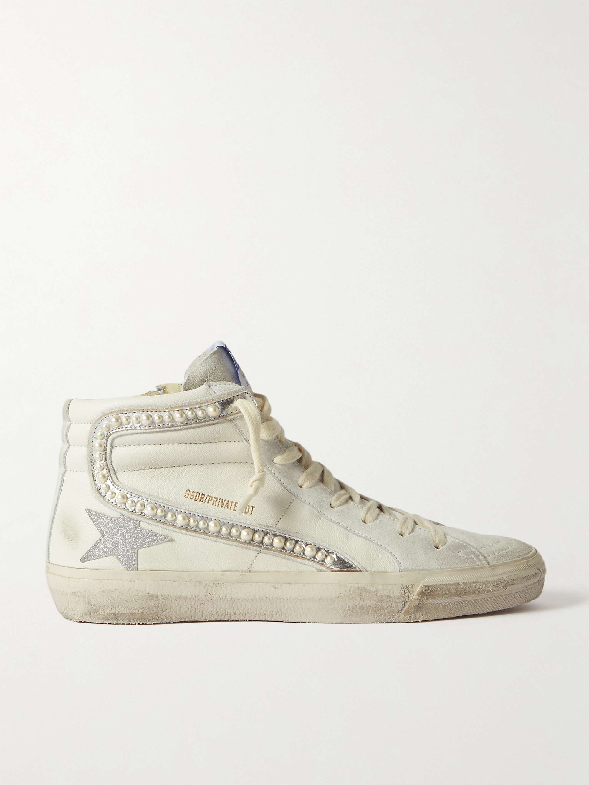 GOLDEN GOOSE Slide embellished distressed glittered leather and suede  high-top sneakers | NET-A-PORTER