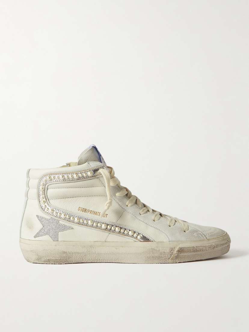 Golden Goose Slide Embellished Distressed Glittered Leather And Suede High-top Sneakers