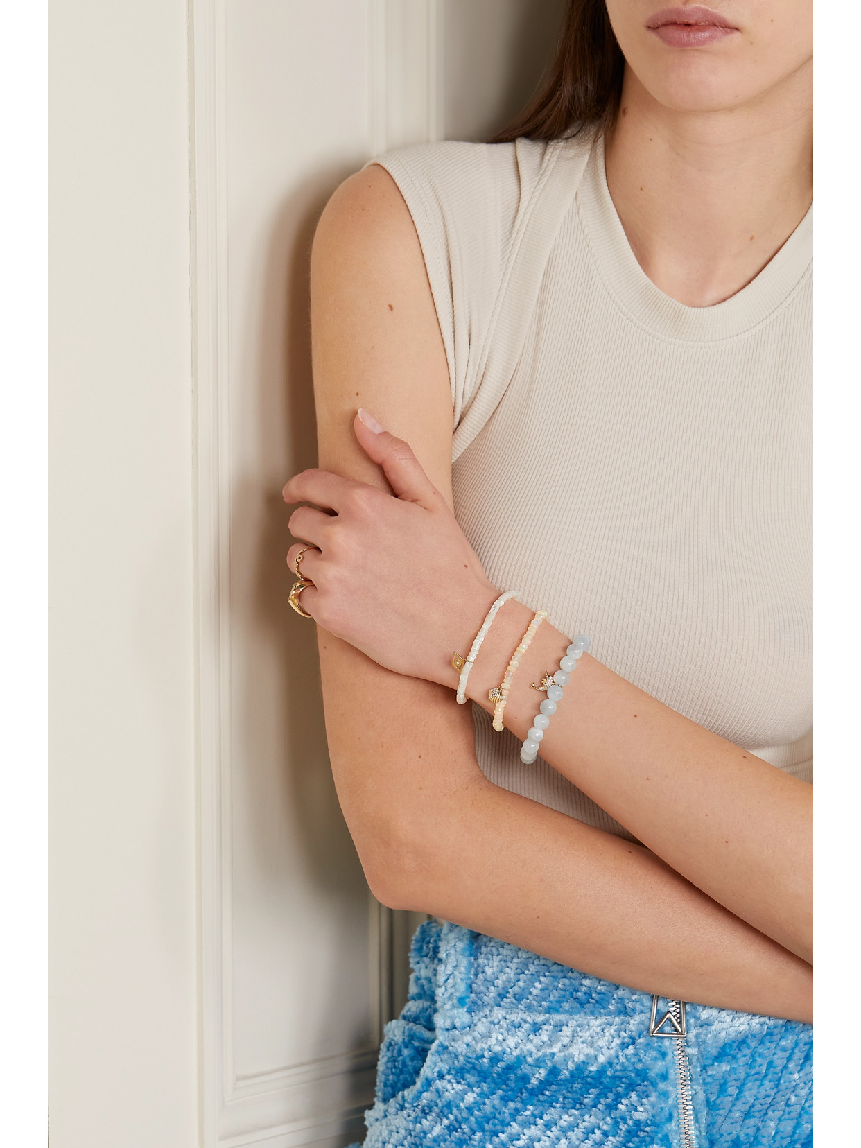Sydney Evan Tiny Evil Eye 14-karat Gold, Mother-of-pearl And Diamond Bracelet In White