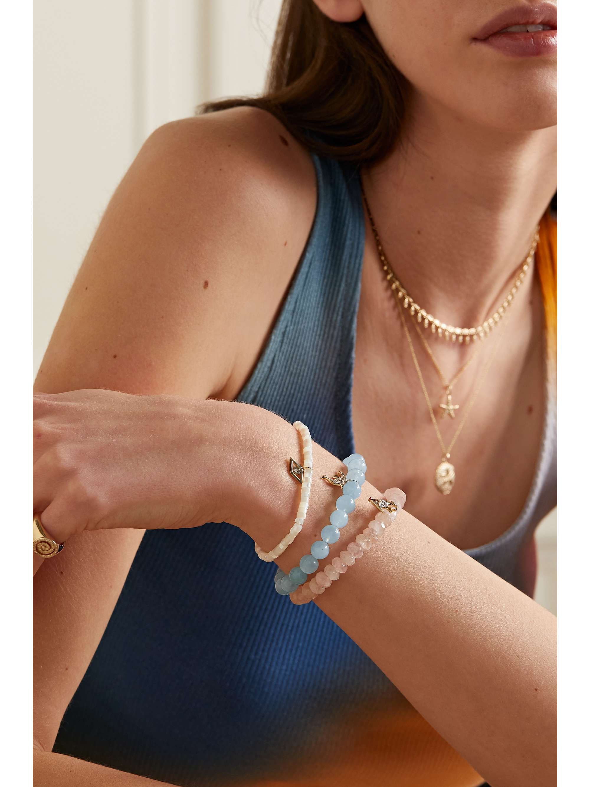 SYDNEY EVAN Dolphin 14-karat gold, aquamarine and diamond bracelet
