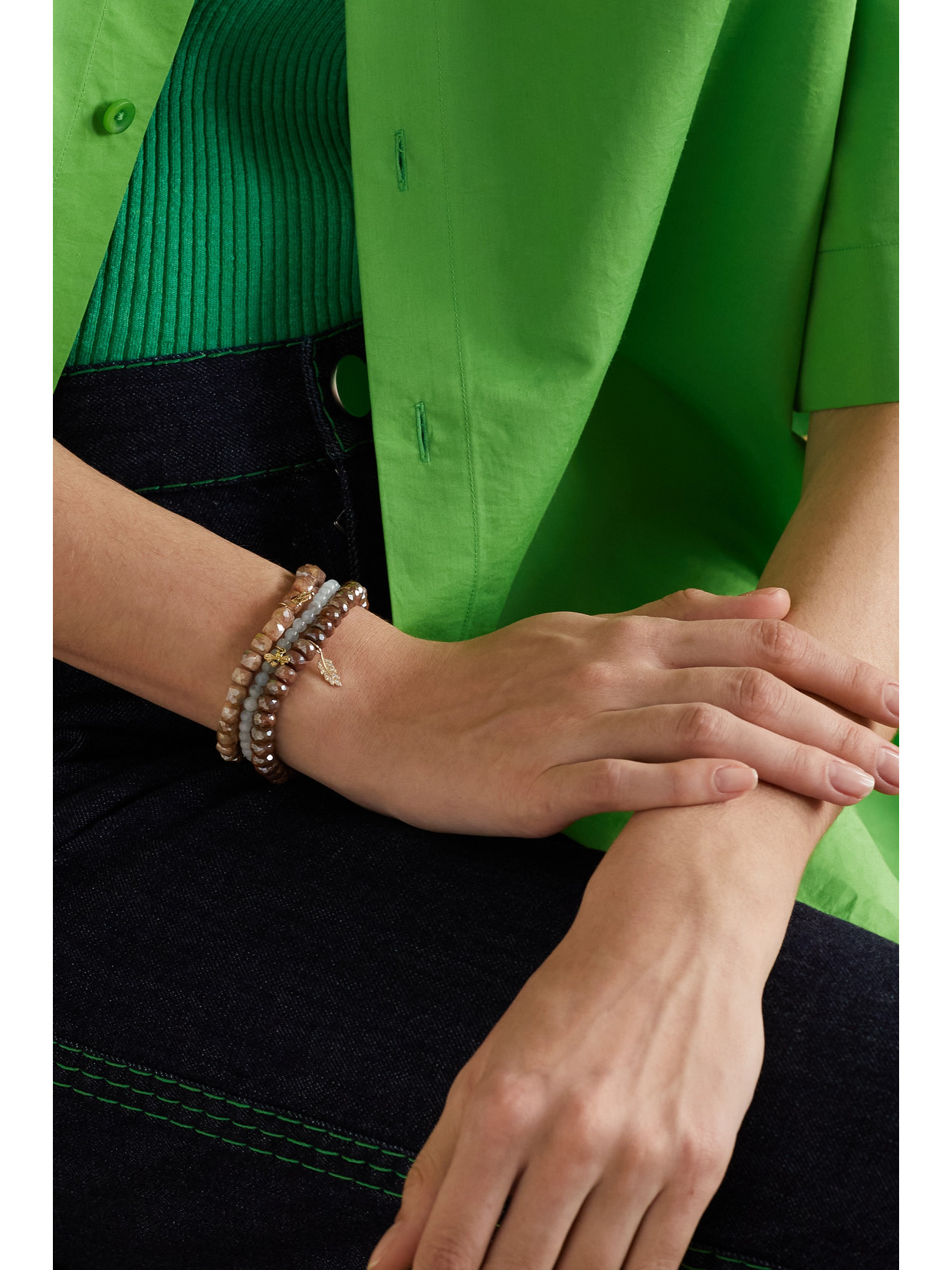 Sydney Evan Tiny Feather 14-karat Gold, Labradorite And Diamond Bracelet In Brown