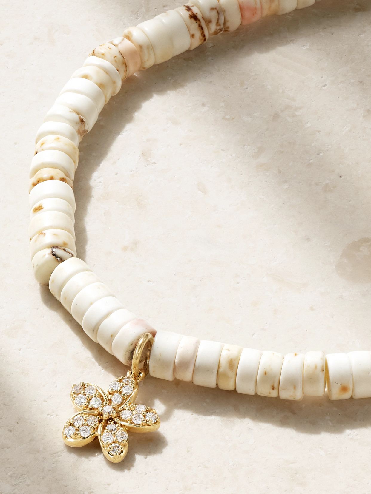 Sydney Evan Small Diamond Plumeria Charm And White Turquoise Heishi Bracelet In White