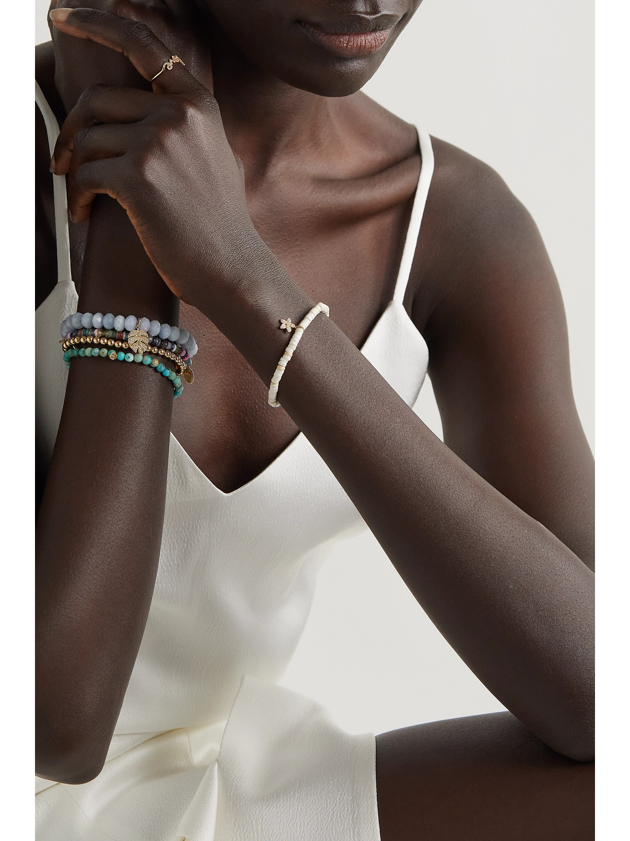 Sydney Evan Small Diamond Plumeria Charm And White Turquoise Heishi Bracelet In White