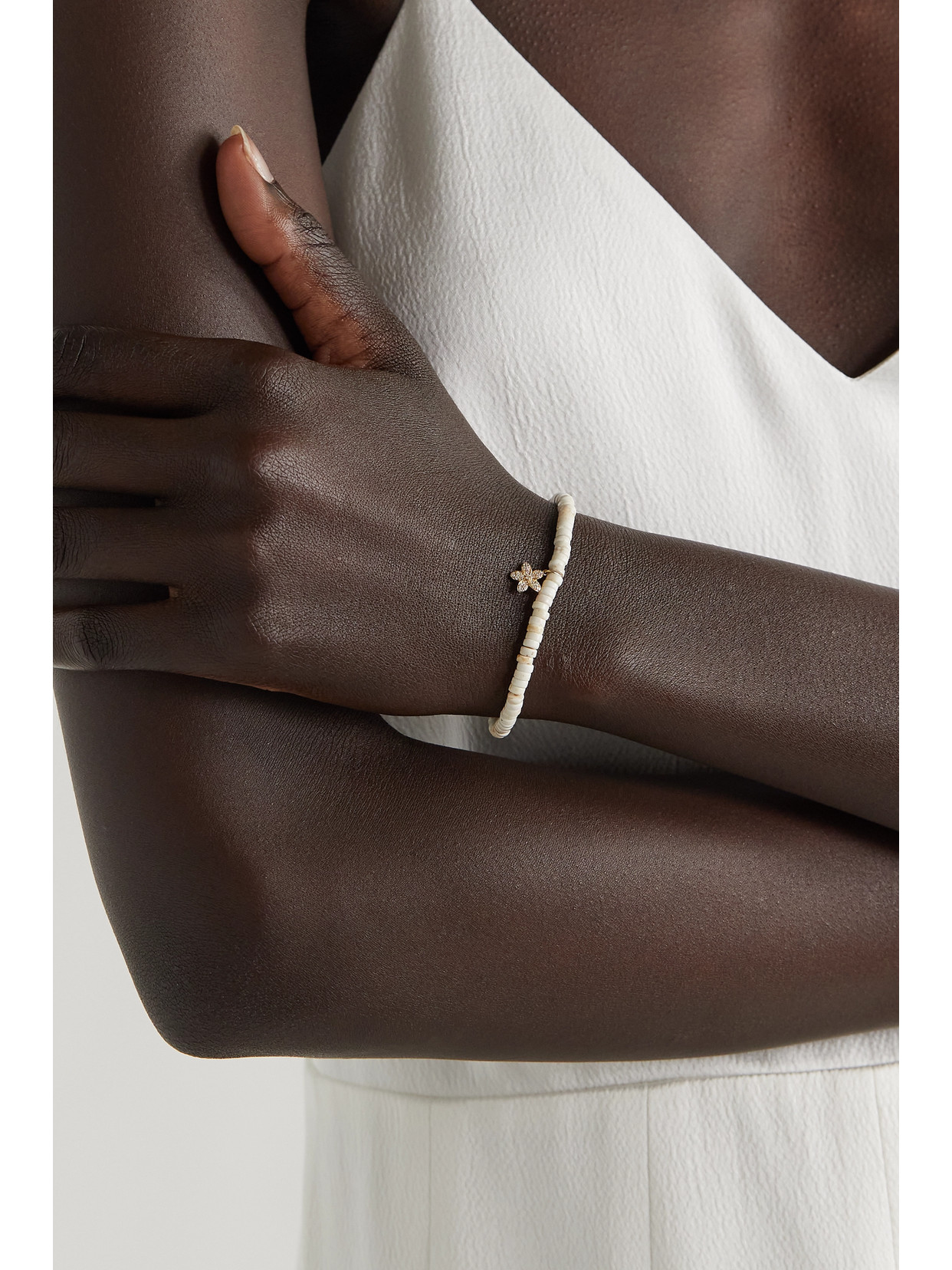 Sydney Evan Small Diamond Plumeria Charm And White Turquoise Heishi Bracelet In White