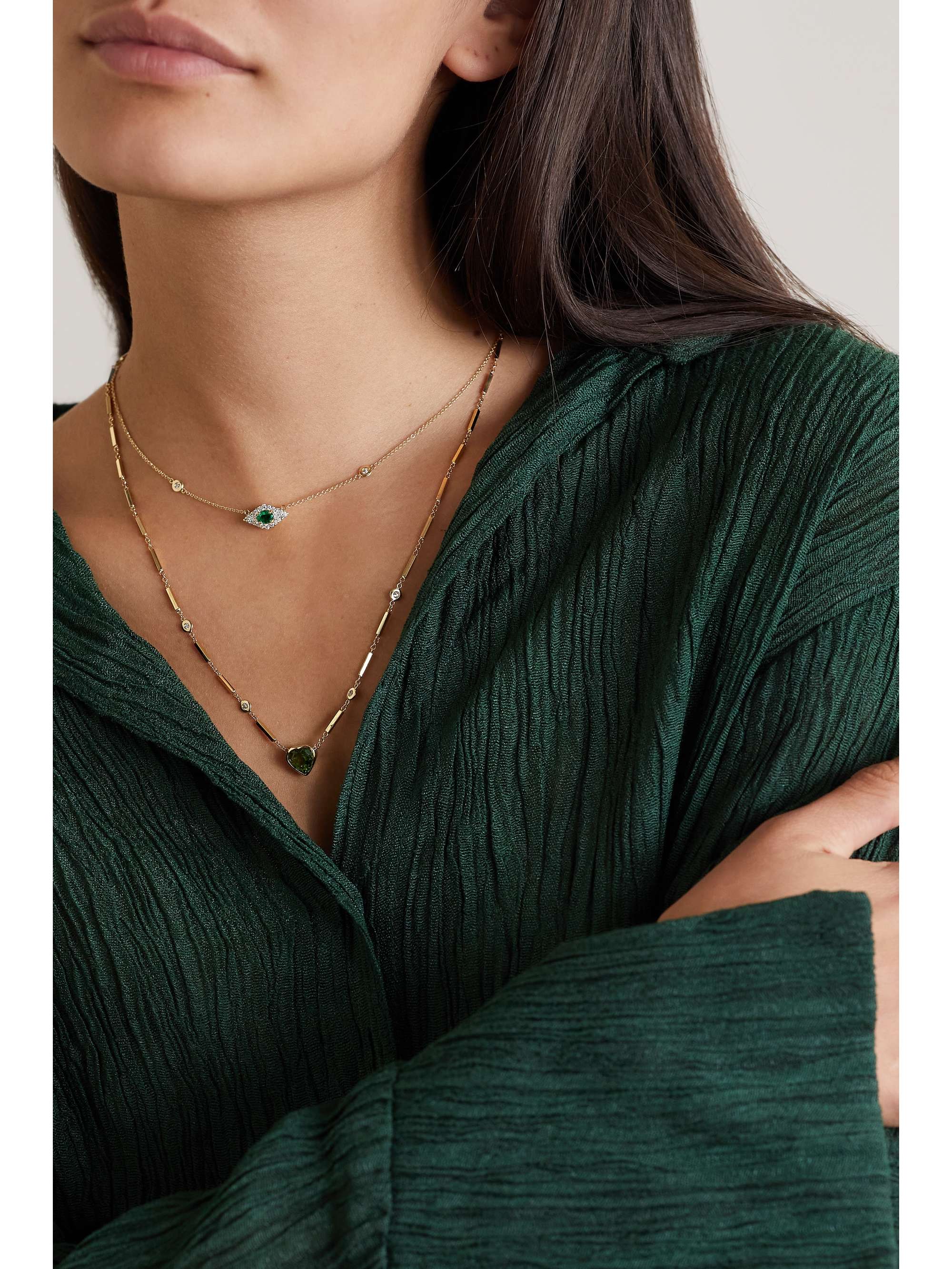 JACQUIE AICHE 14-karat gold, emerald and diamond necklace