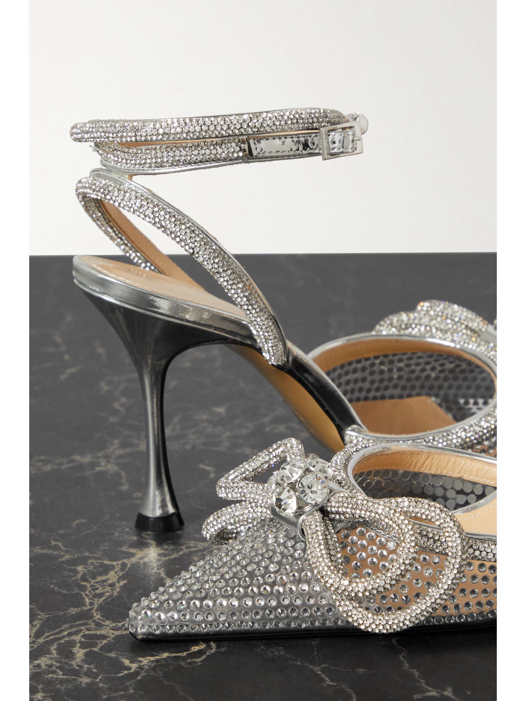 MACH & MACH Double Bow crystal-embellished neon PVC and patent-leather pumps