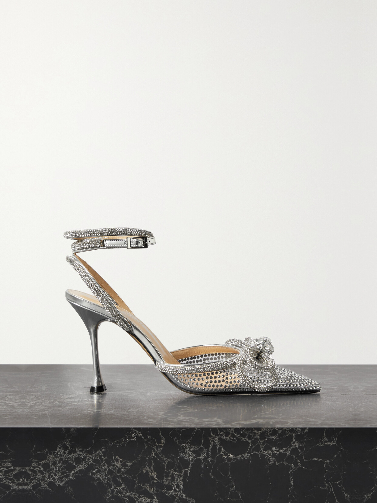 MACH & MACH - Double Bow Crystal-embellished Pvc And Metallic Leather Point-toe Pumps - Neutrals