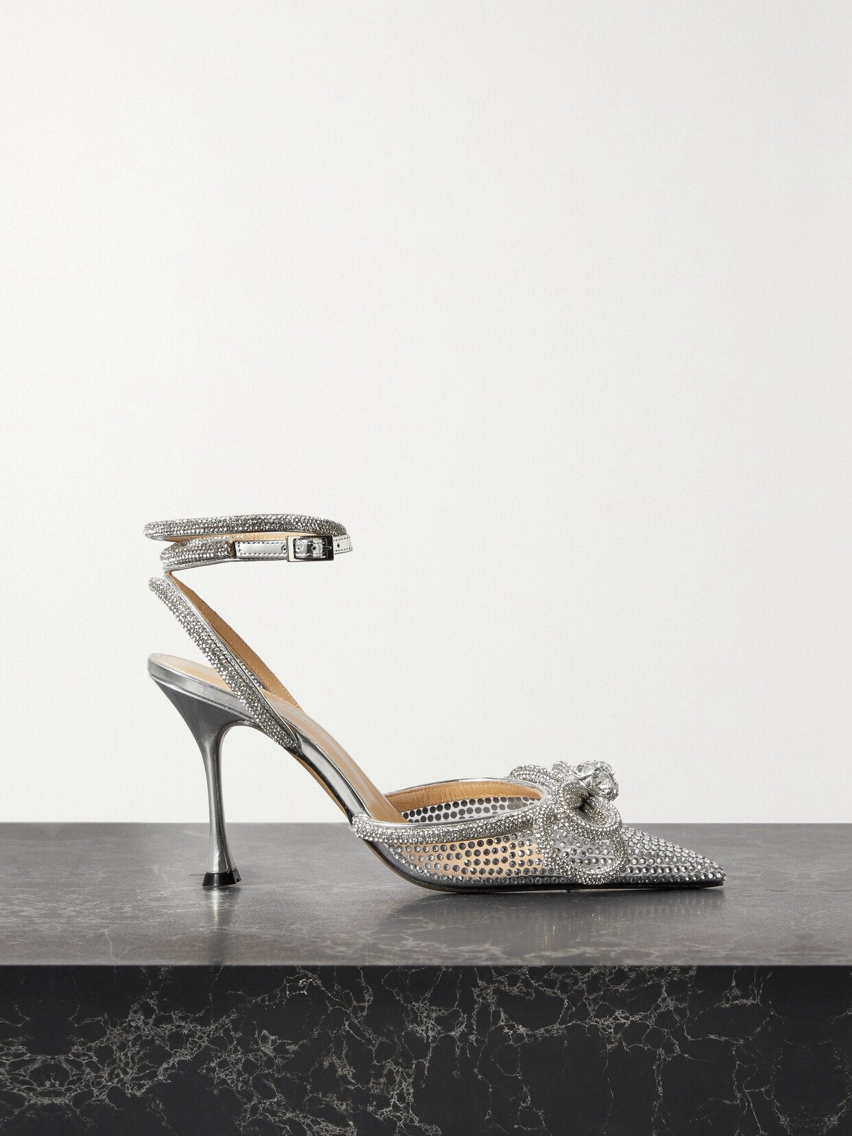 Shop Mach & Mach Double Bow Crystal-embellished Pvc And Metallic Leather Point-toe Pumps In Neutrals