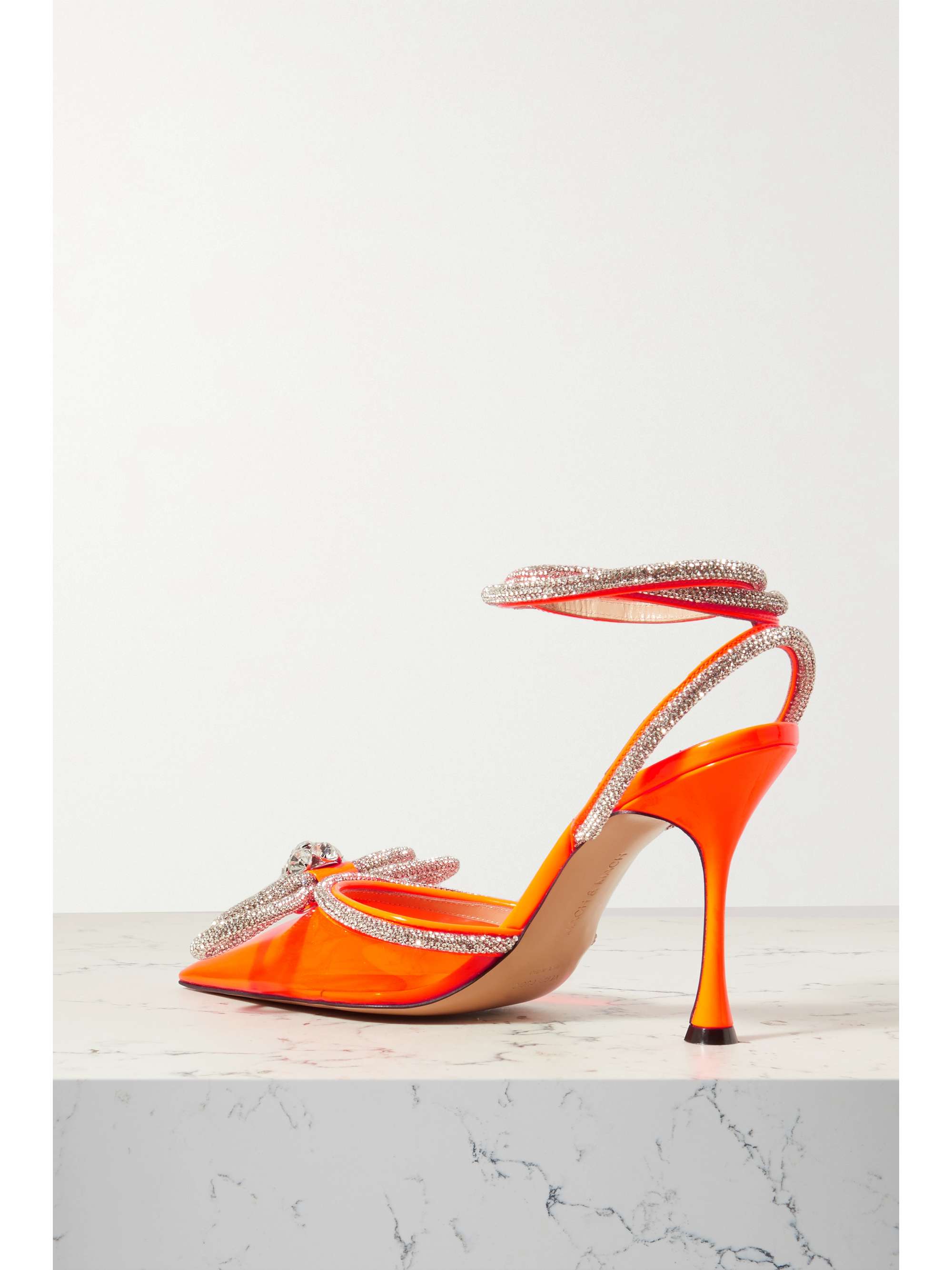 MACH & MACH Double Bow crystal-embellished neon PVC and patent-leather pumps