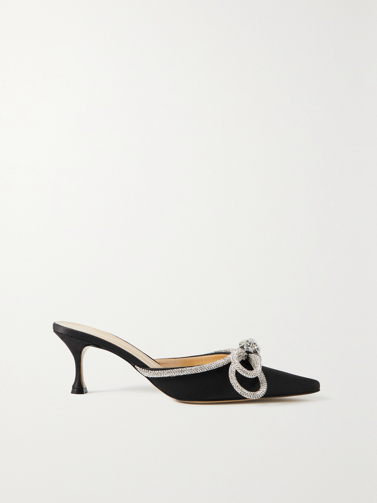 Mach&mach Double Bow Crystal-embellished Satin Heeled Mules In Black