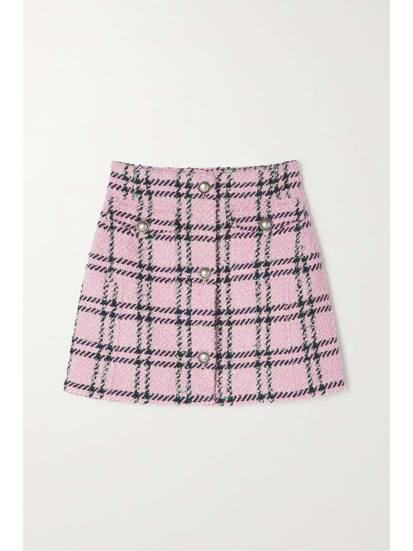 Alessandra Rich Embellished Checked Wool-blend Tweed Mini Skirt