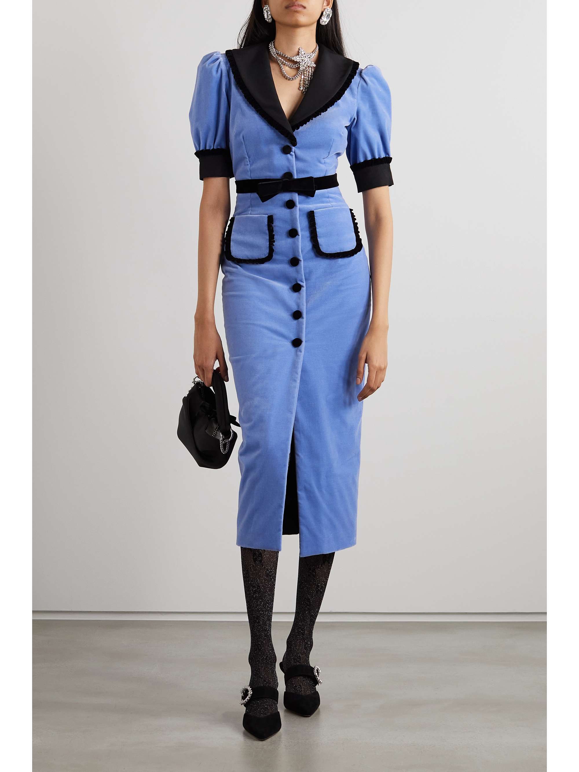 ALESSANDRA RICH Lady faille-trimmed cotton-blend velvet midi dress