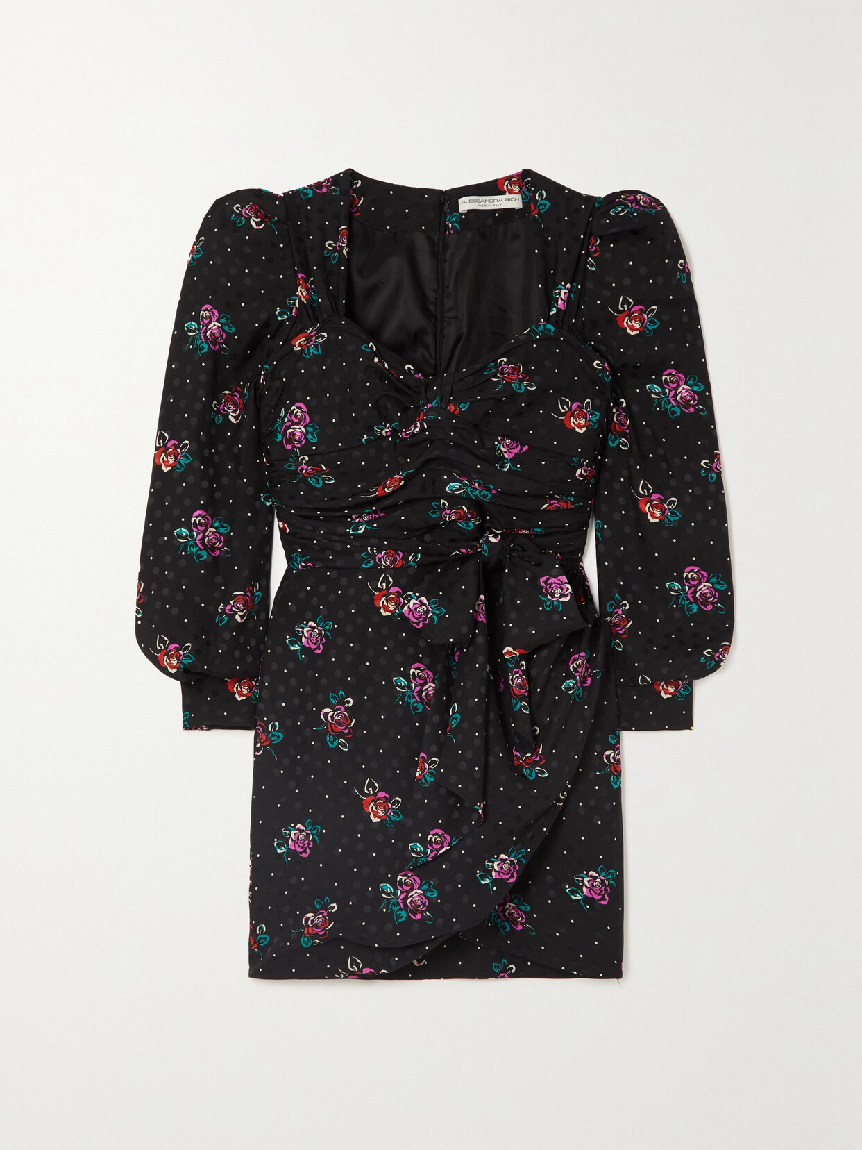 Alessandra Rich Ruched Wrap-effect Floral-print Silk-jacquard Mini Dress In Black