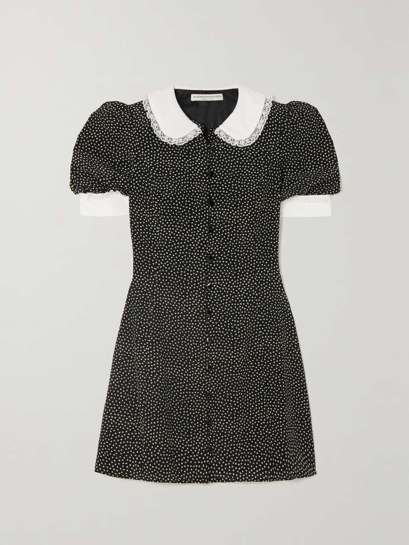 Alessandra Rich Lace-trimmed Printed Silk Crepe De Chine Mini Dress