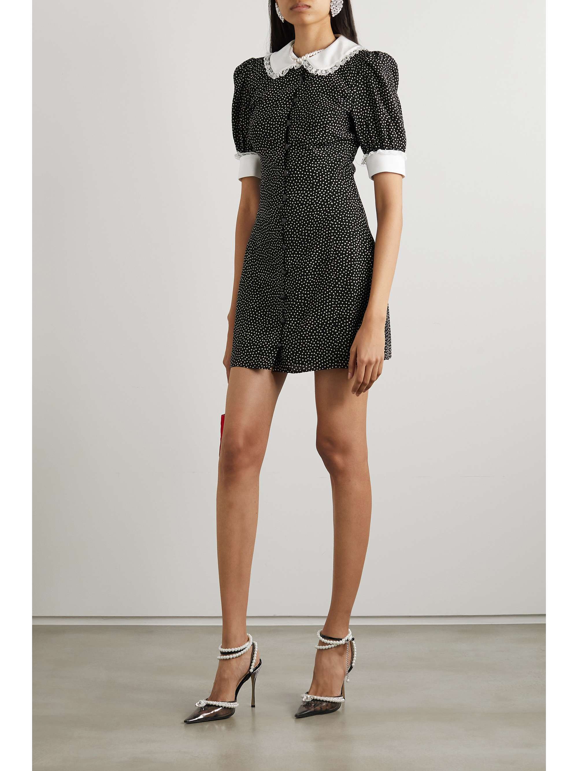 ALESSANDRA RICH Lace-trimmed printed silk crepe de chine mini dress