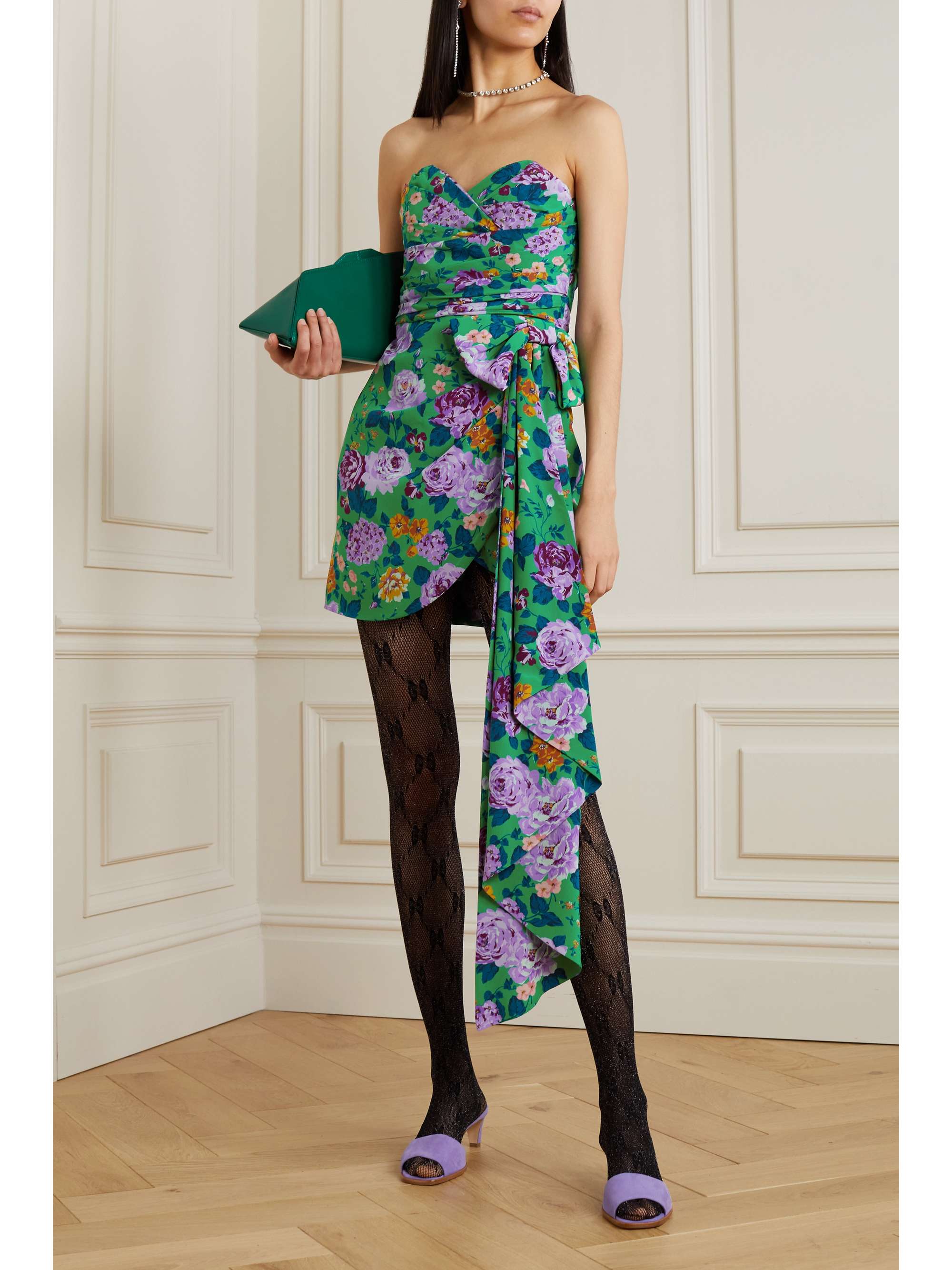 ALESSANDRA RICH Strapless bow-detailed floral-print silk mini dress