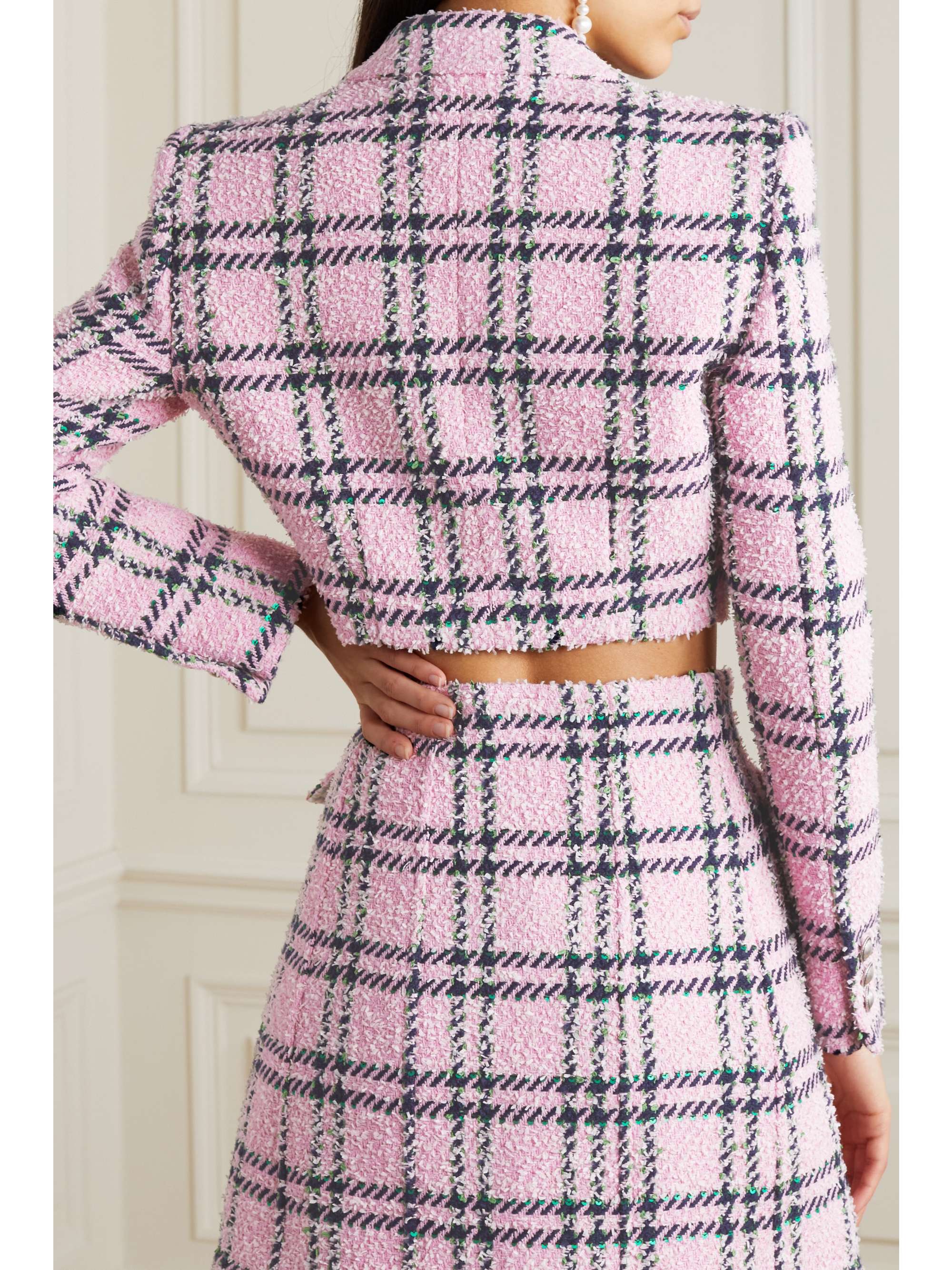 ALESSANDRA RICH Cropped embellished checked wool-blend tweed blazer  NET-A-PORTER