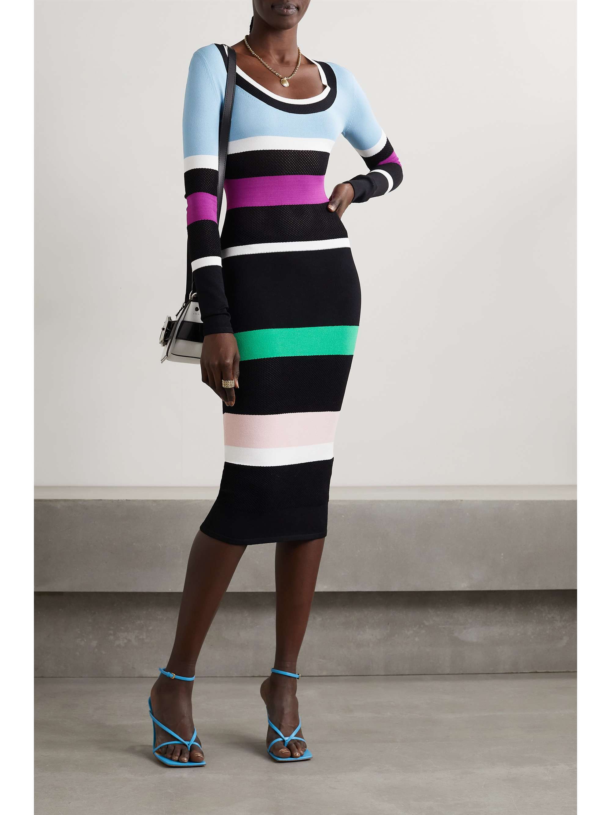 SERGIO HUDSON Mesh-paneled striped cotton-blend jersey midi dress